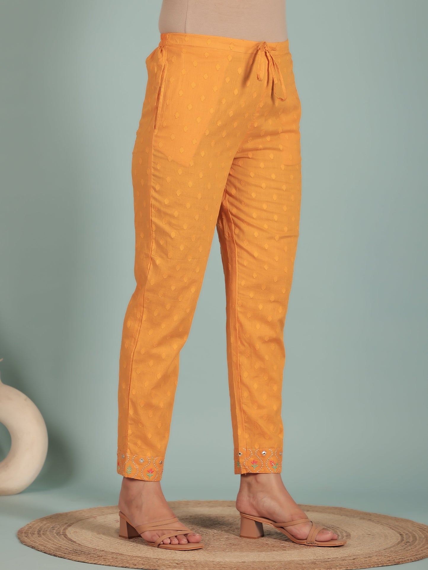 Soft Cotton Solid Yellow Tapered Trousers