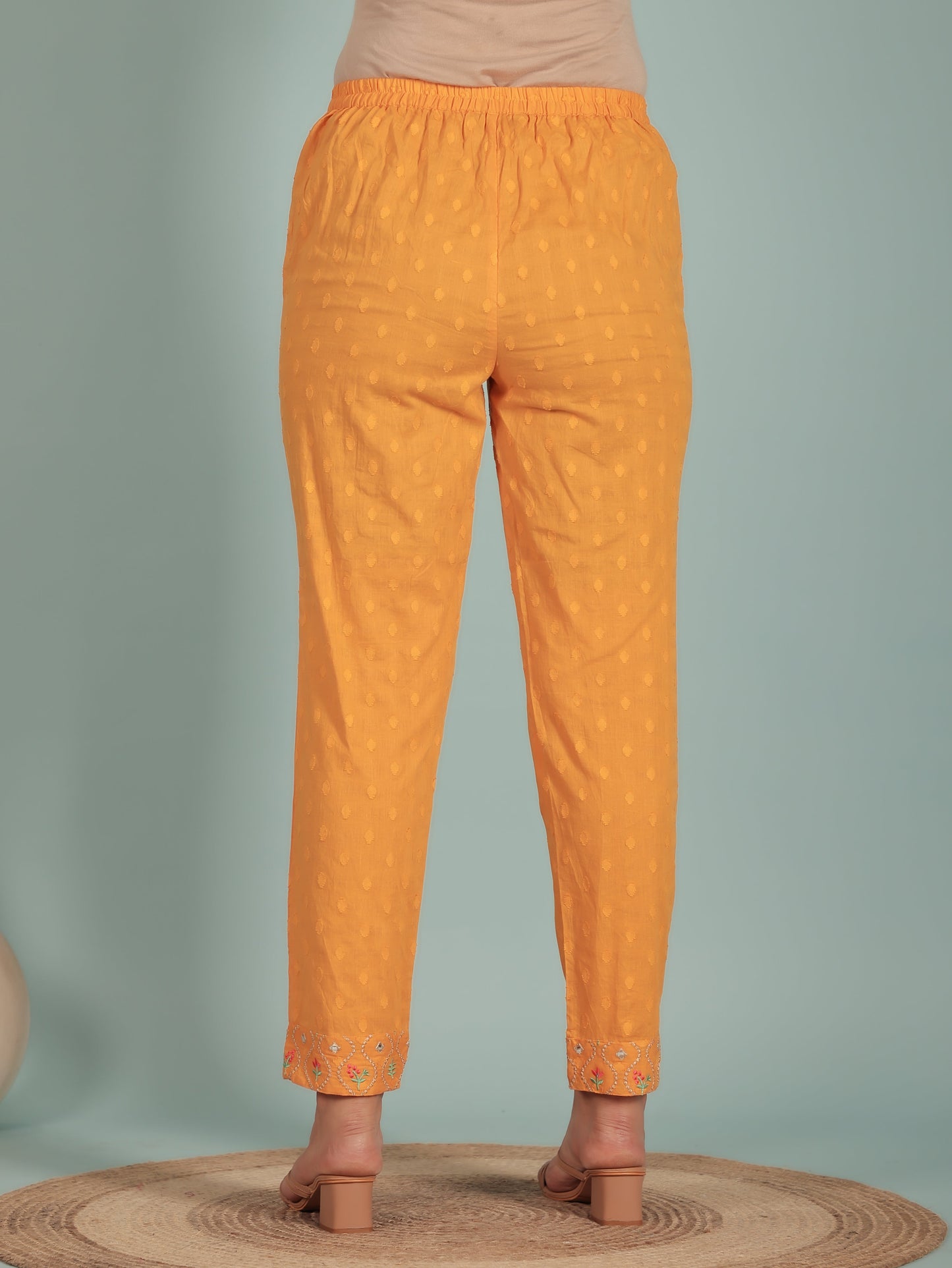 Soft Cotton Solid Yellow Tapered Trousers