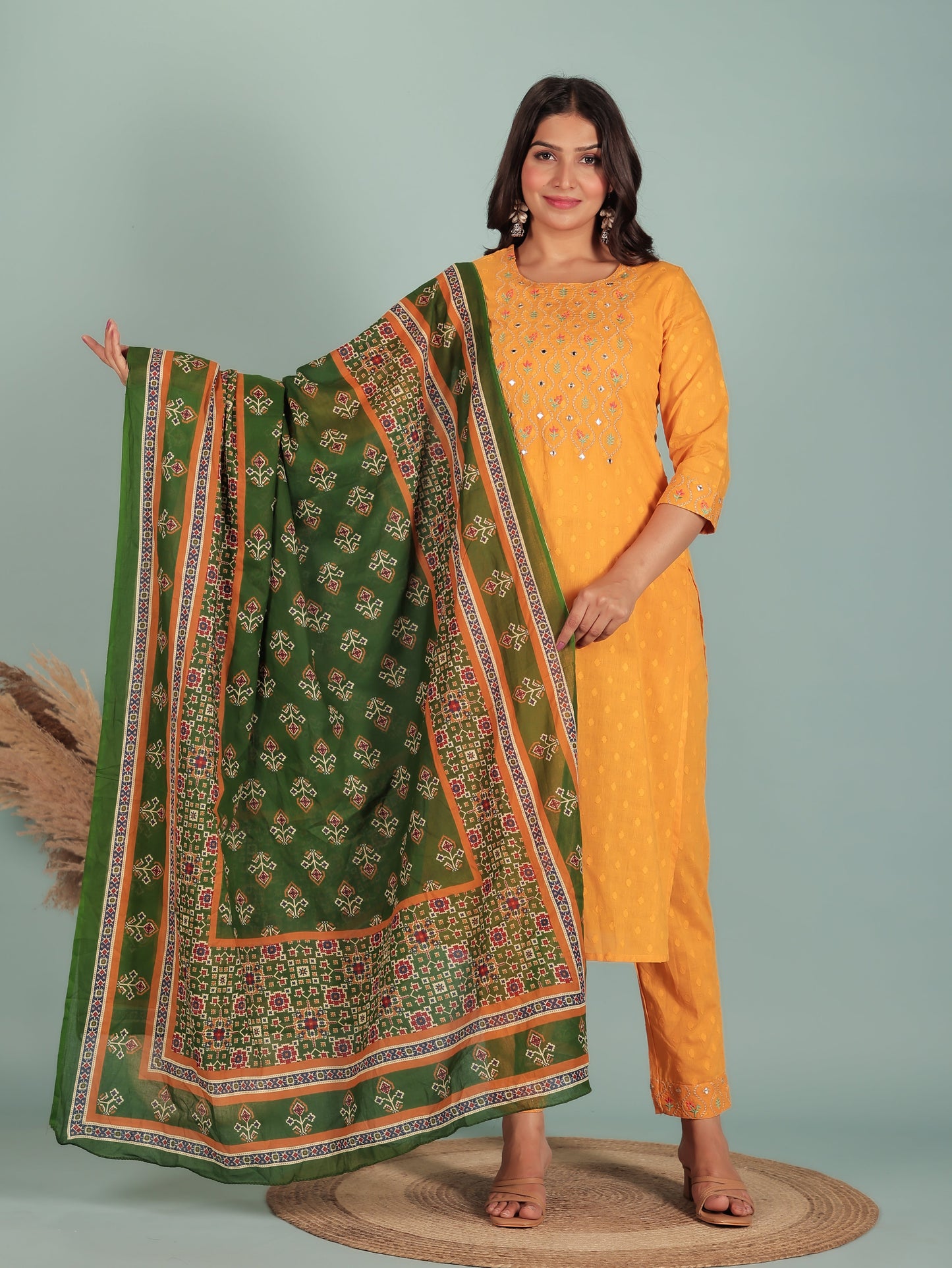 Voile Cotton Geometric Green Dupatta
