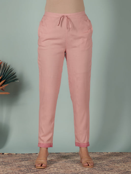 Viscose Solid Pink Tapered Trousers