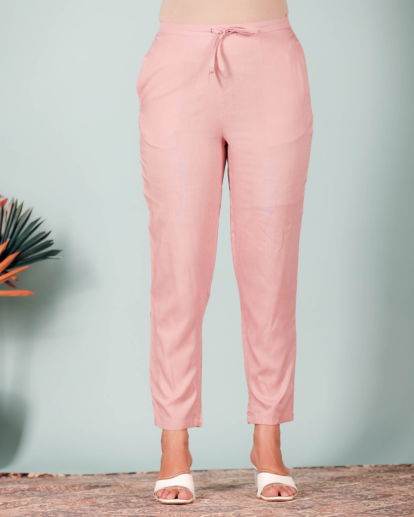 Soft Cotton Solid Pink Tapered Trousers
