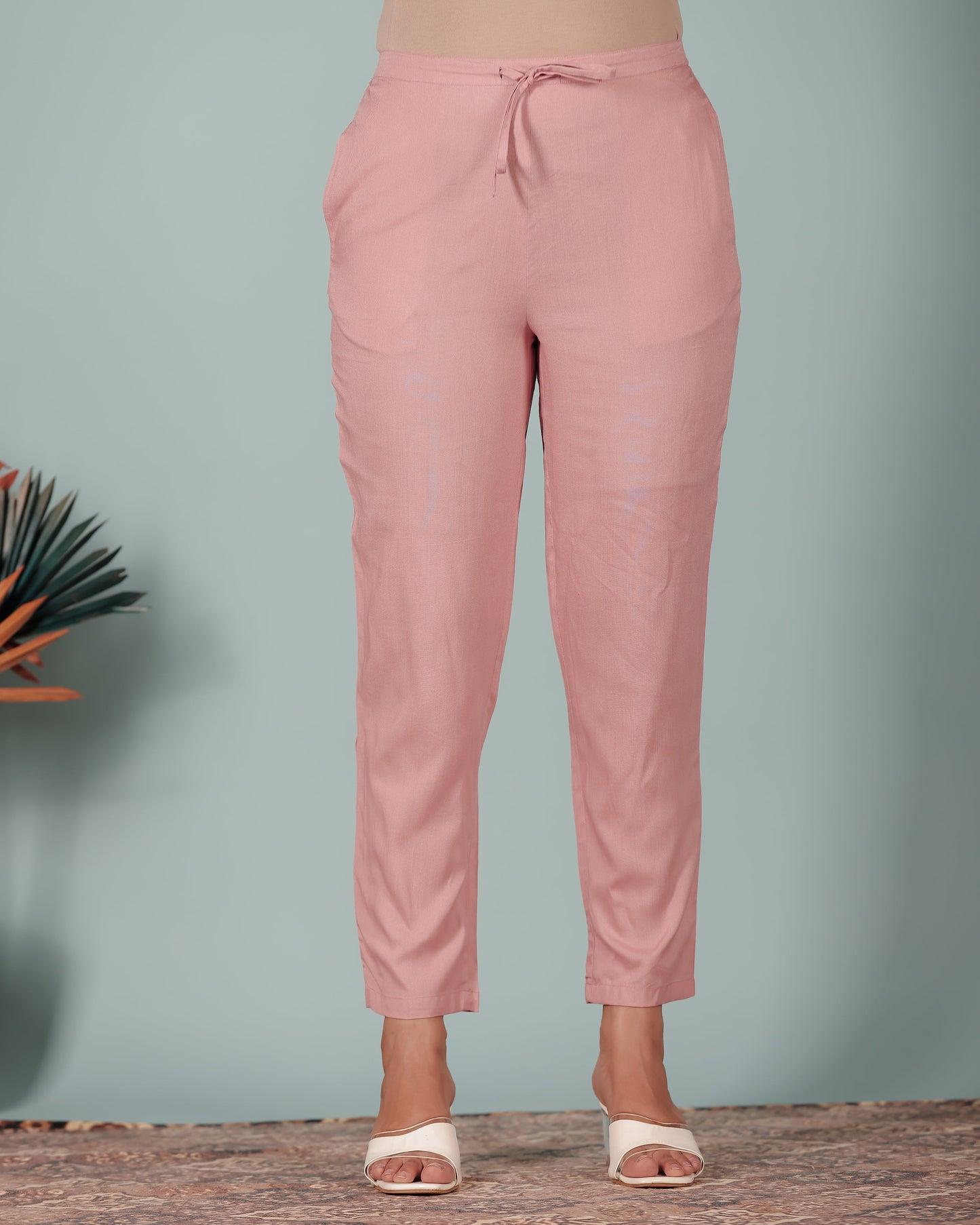Soft Cotton Solid Pink Tapered Trousers