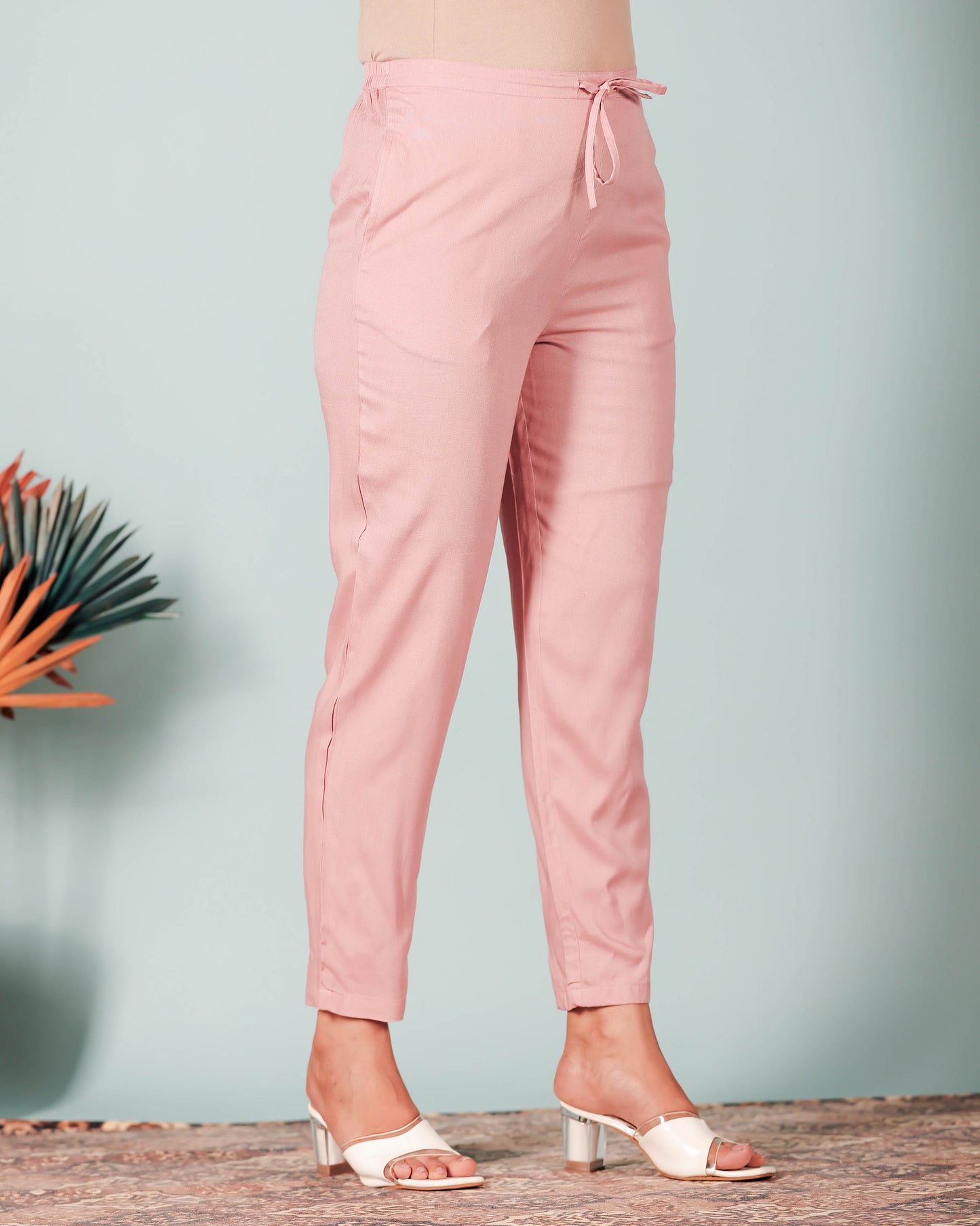 Soft Cotton Solid Pink Tapered Trousers