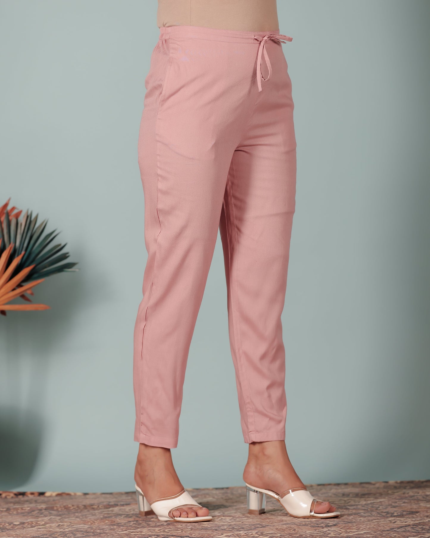 Soft Cotton Solid Pink Tapered Trousers