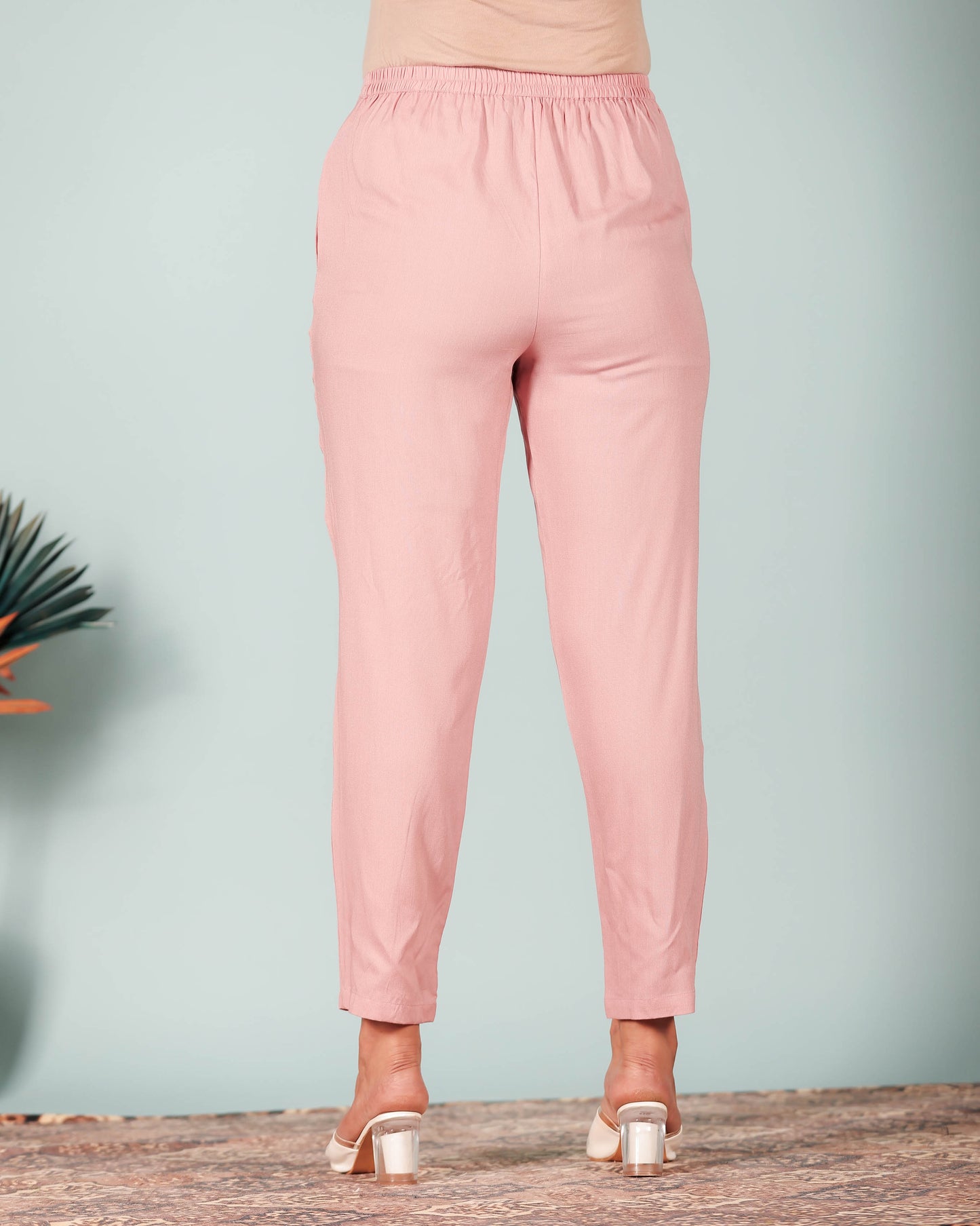 Soft Cotton Solid Pink Tapered Trousers