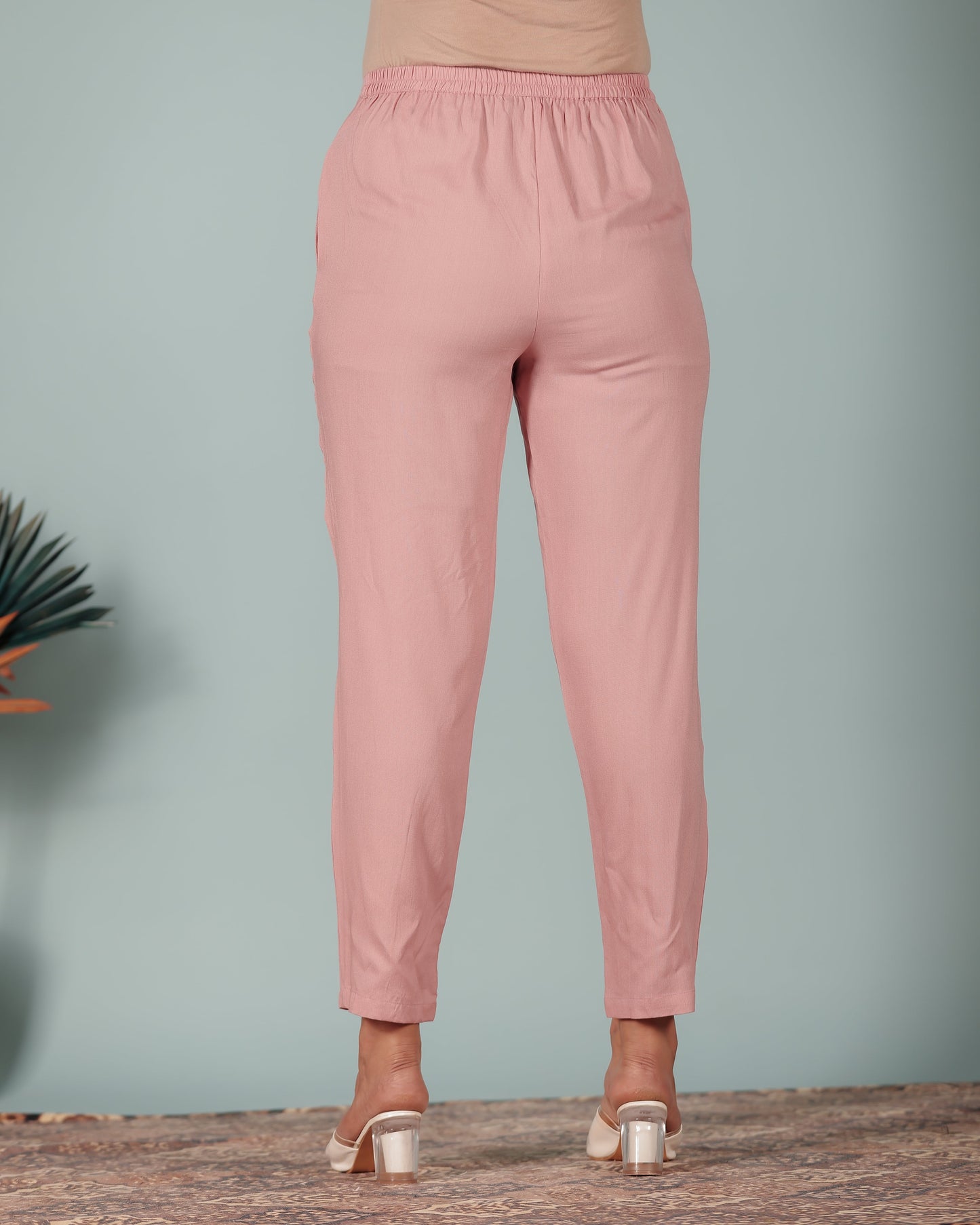 Soft Cotton Solid Pink Tapered Trousers