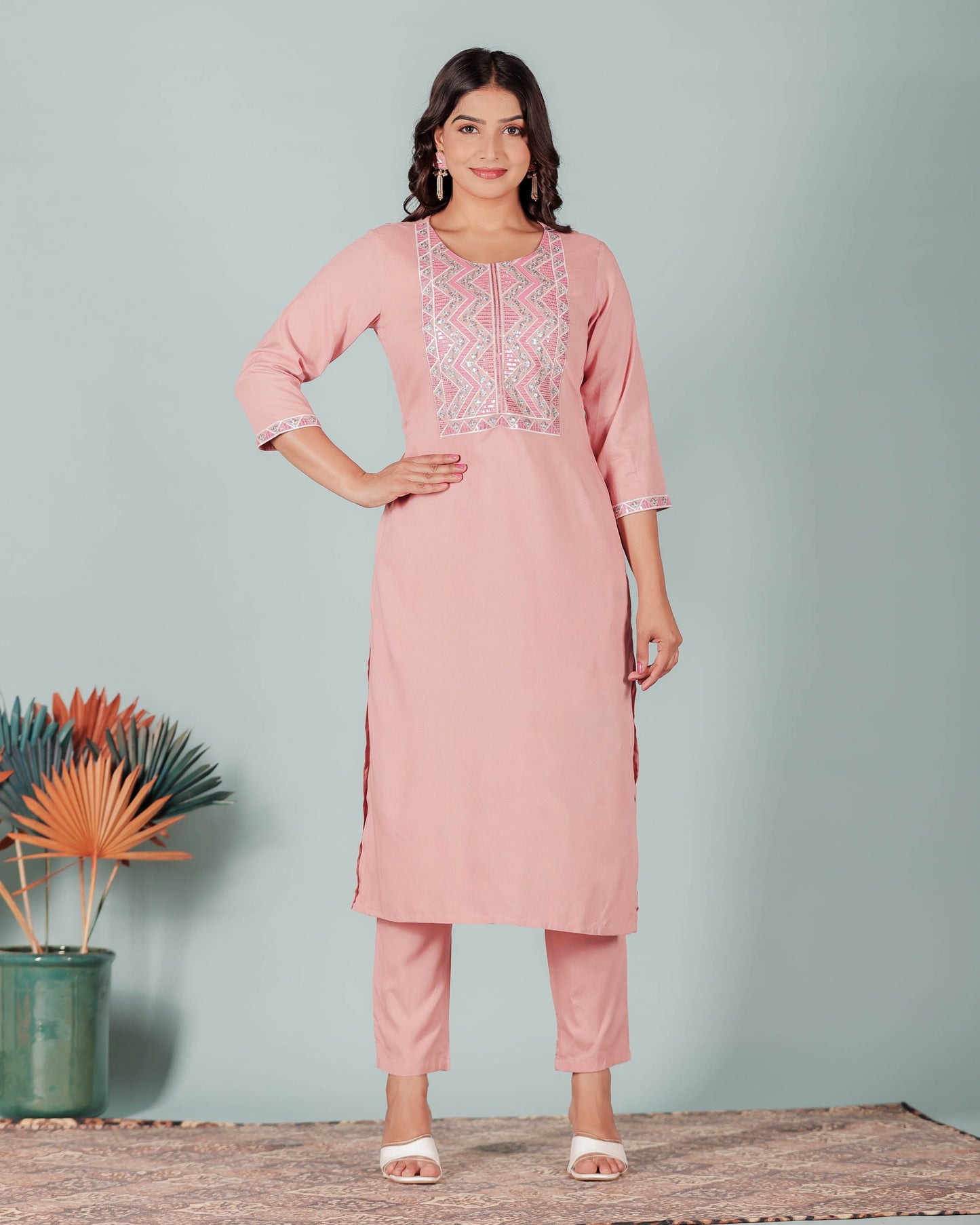 Embroidered Soft Cotton Solid Straight Pink Kurta