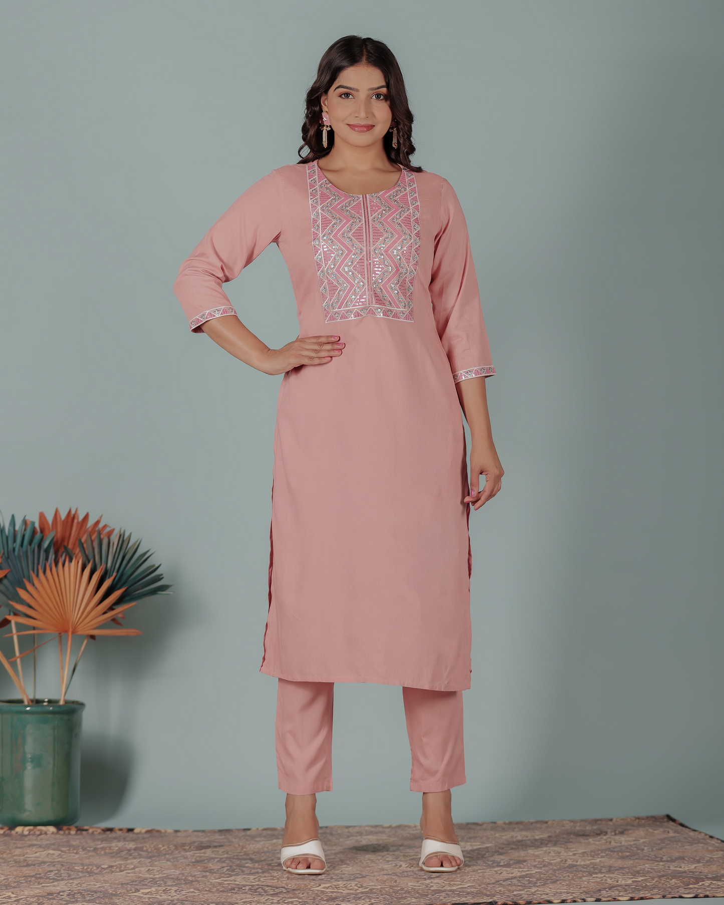 Embroidered Soft Cotton Solid Straight Pink Kurta