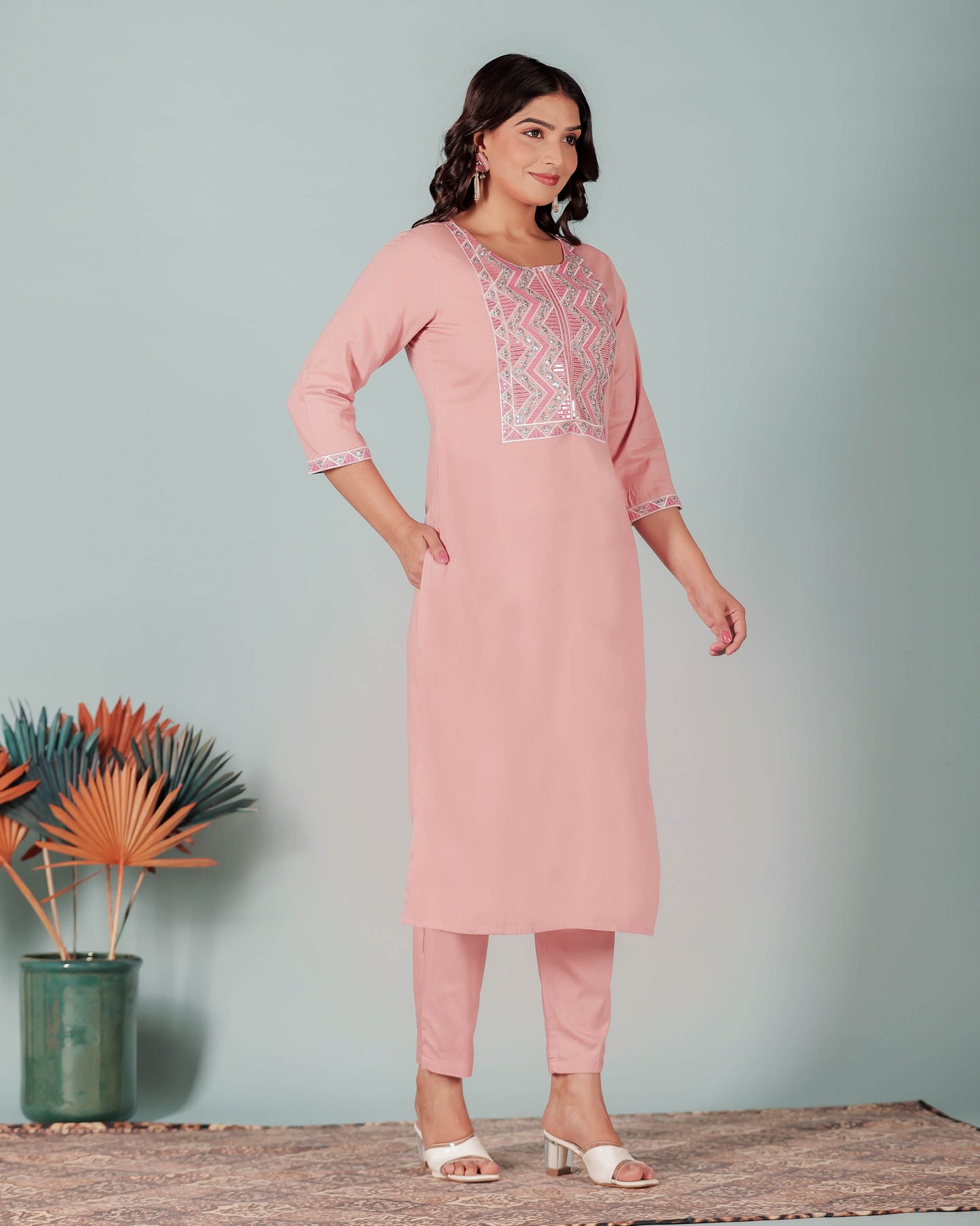 Embroidered Soft Cotton Solid Straight Pink Kurta