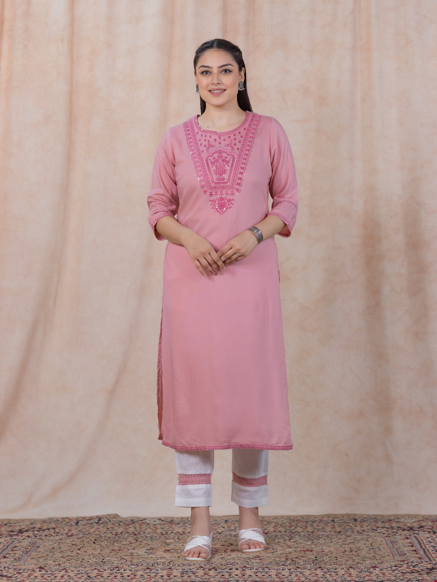 Embroidered Viscose Solid Straight Pink Kurta