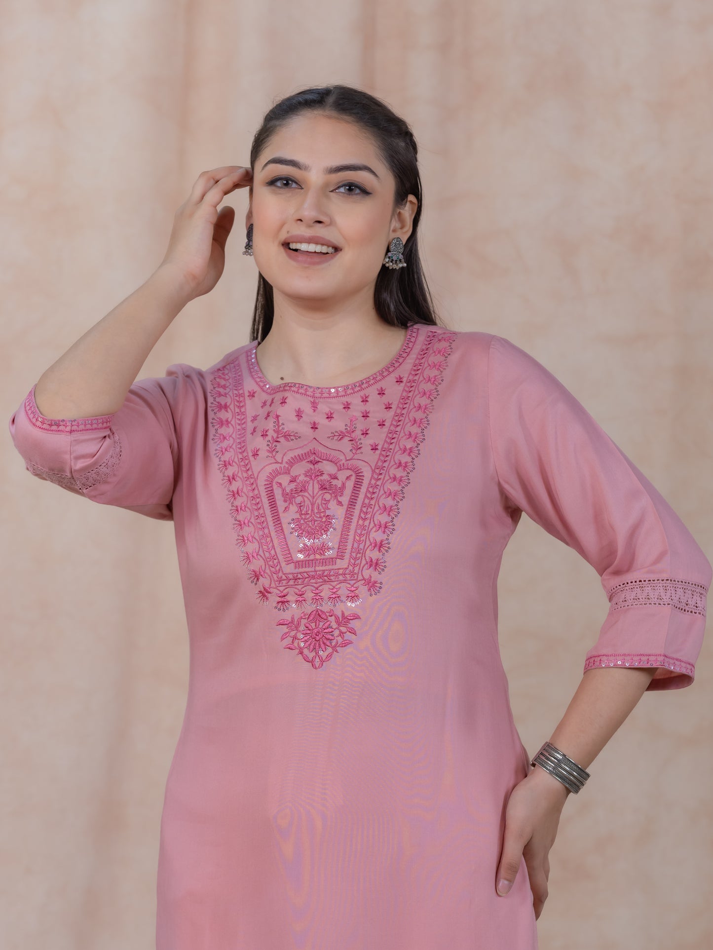 Embroidered Viscose Solid Straight Pink Kurta