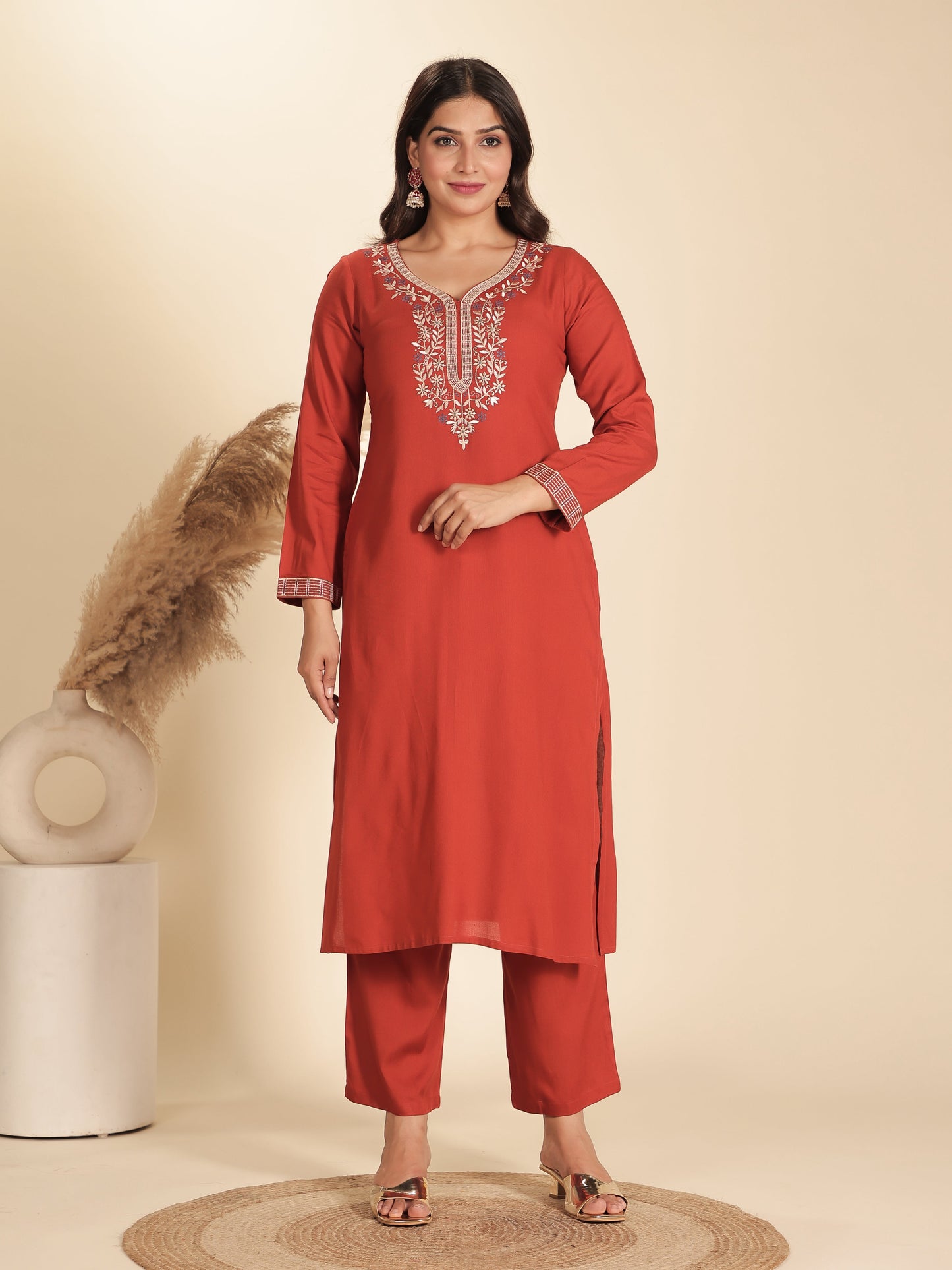 Viscose Solid Straight Orange Kurta