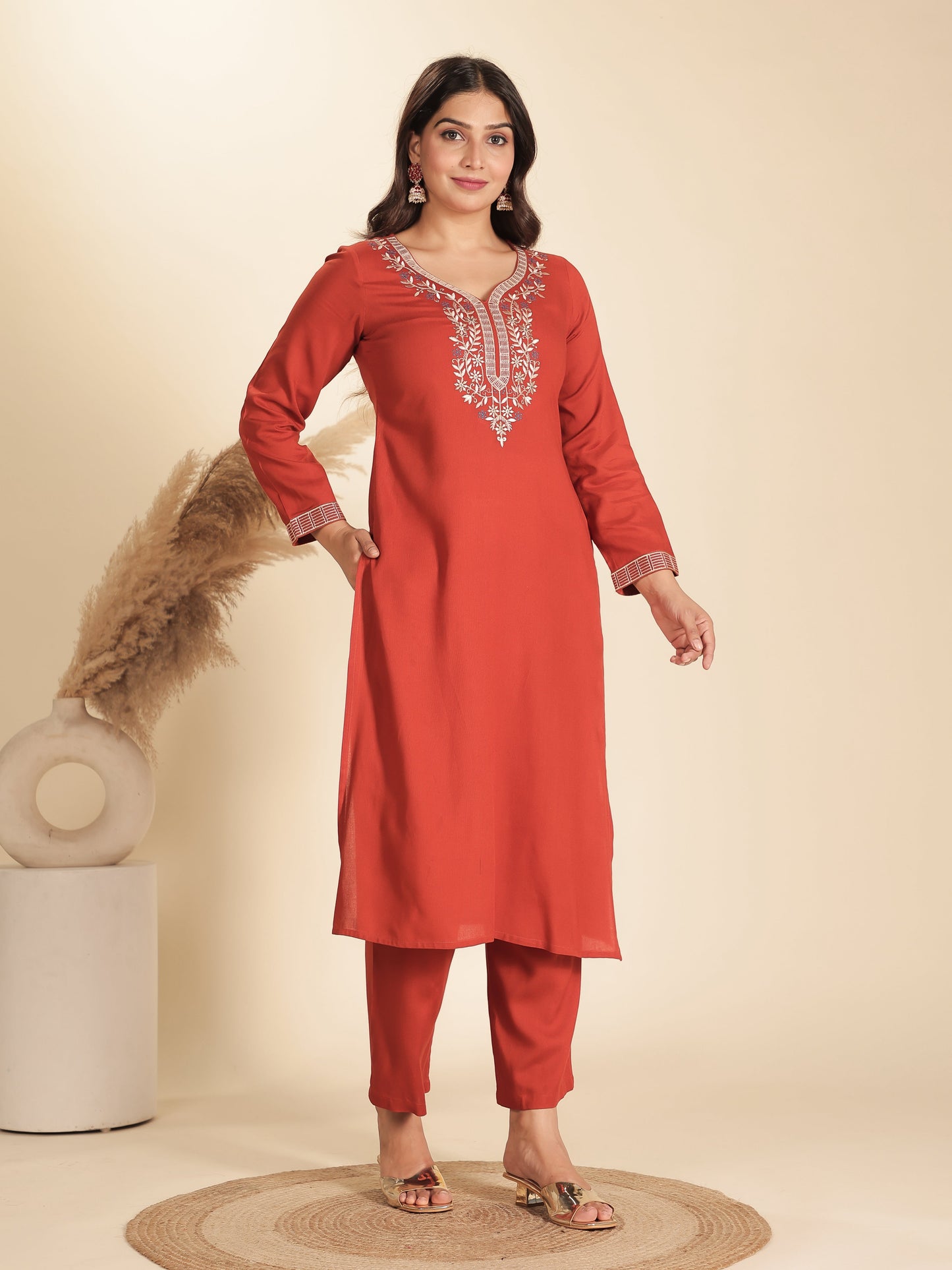 Viscose Solid Straight Orange Kurta