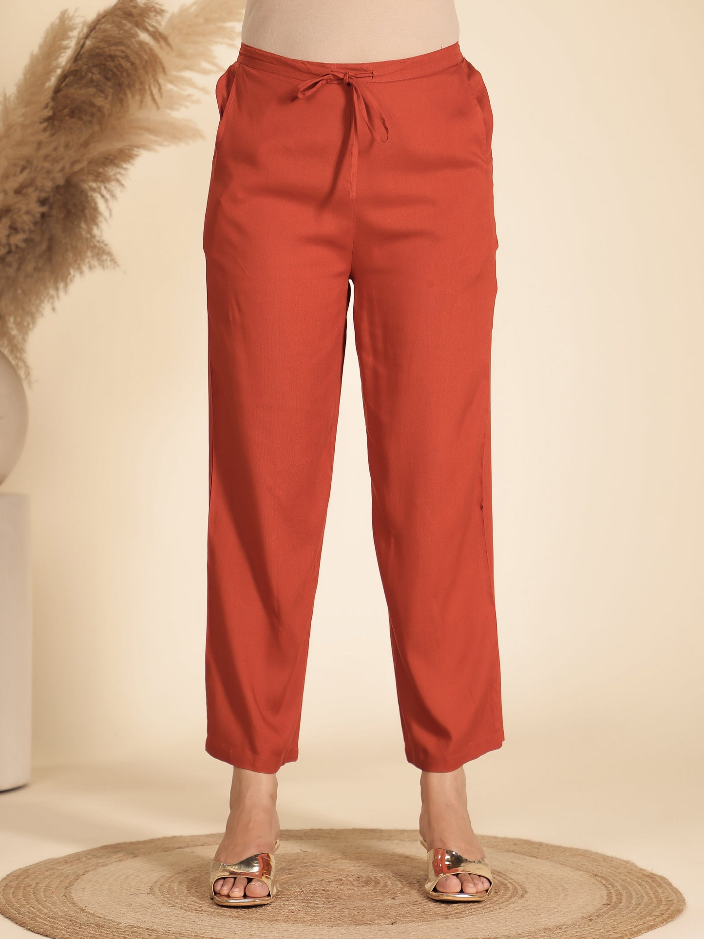 Viscose Solid Orange Straight Trousers