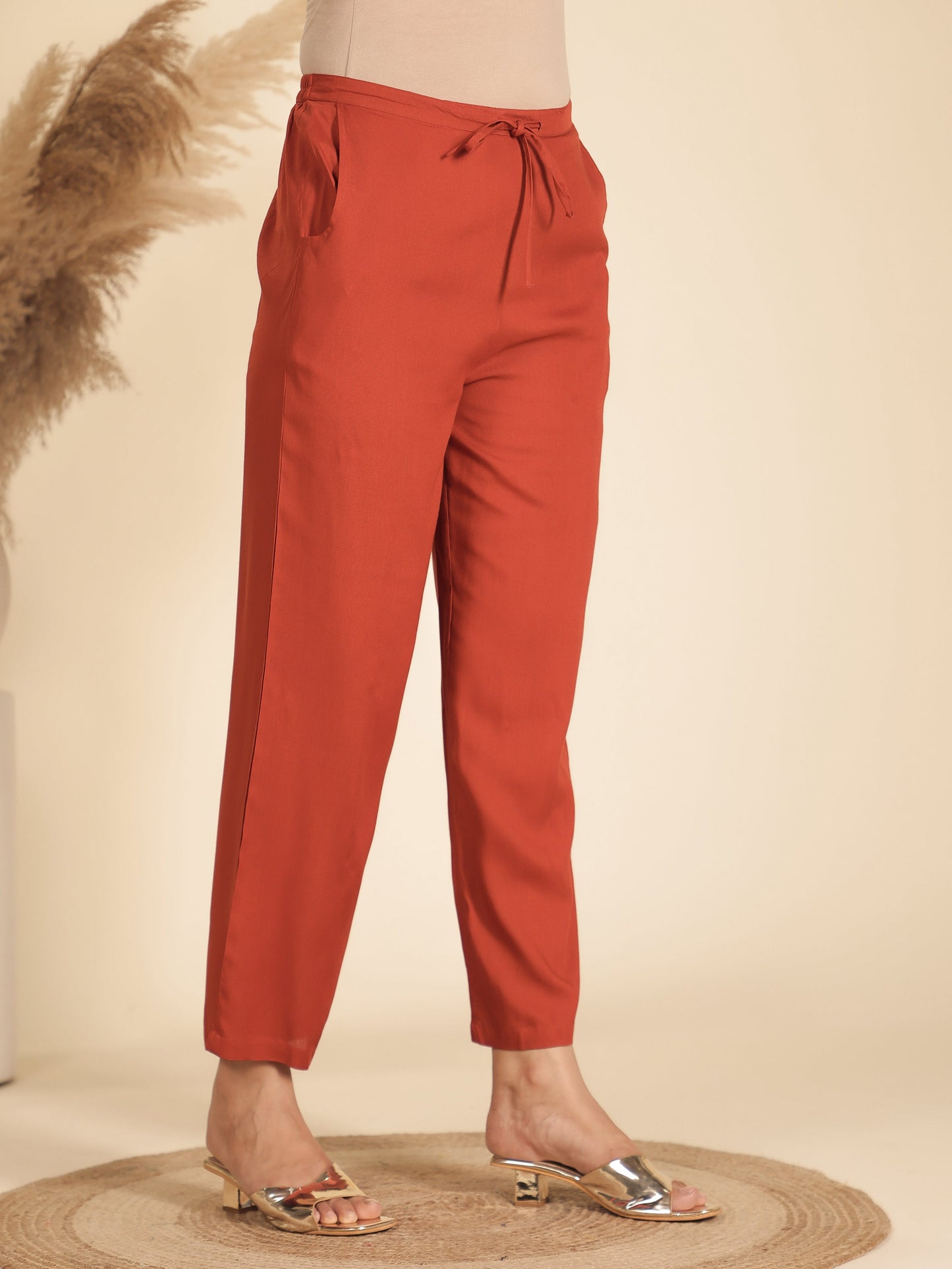 Viscose Solid Orange Straight Trousers