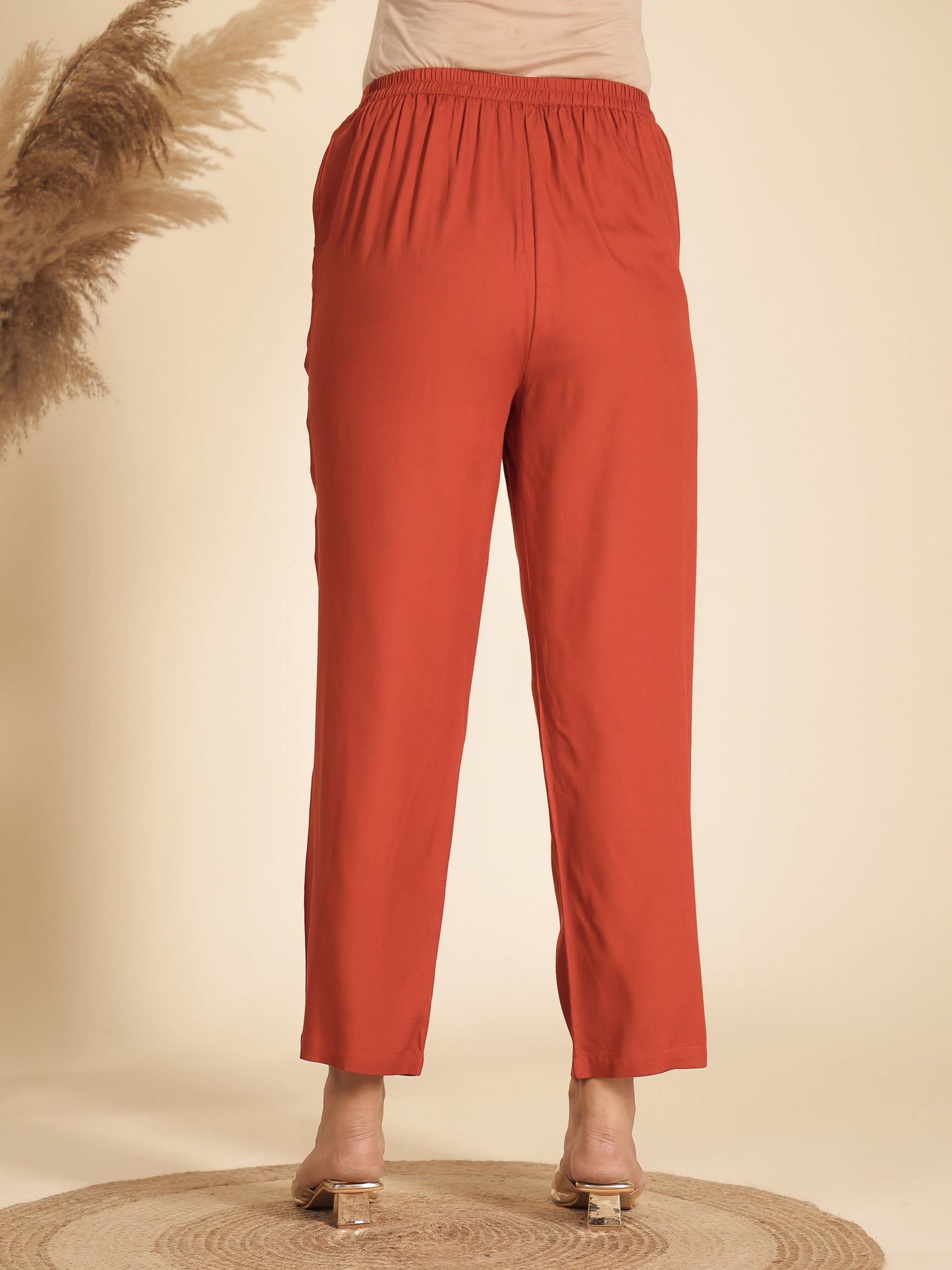 Viscose Solid Orange Straight Trousers
