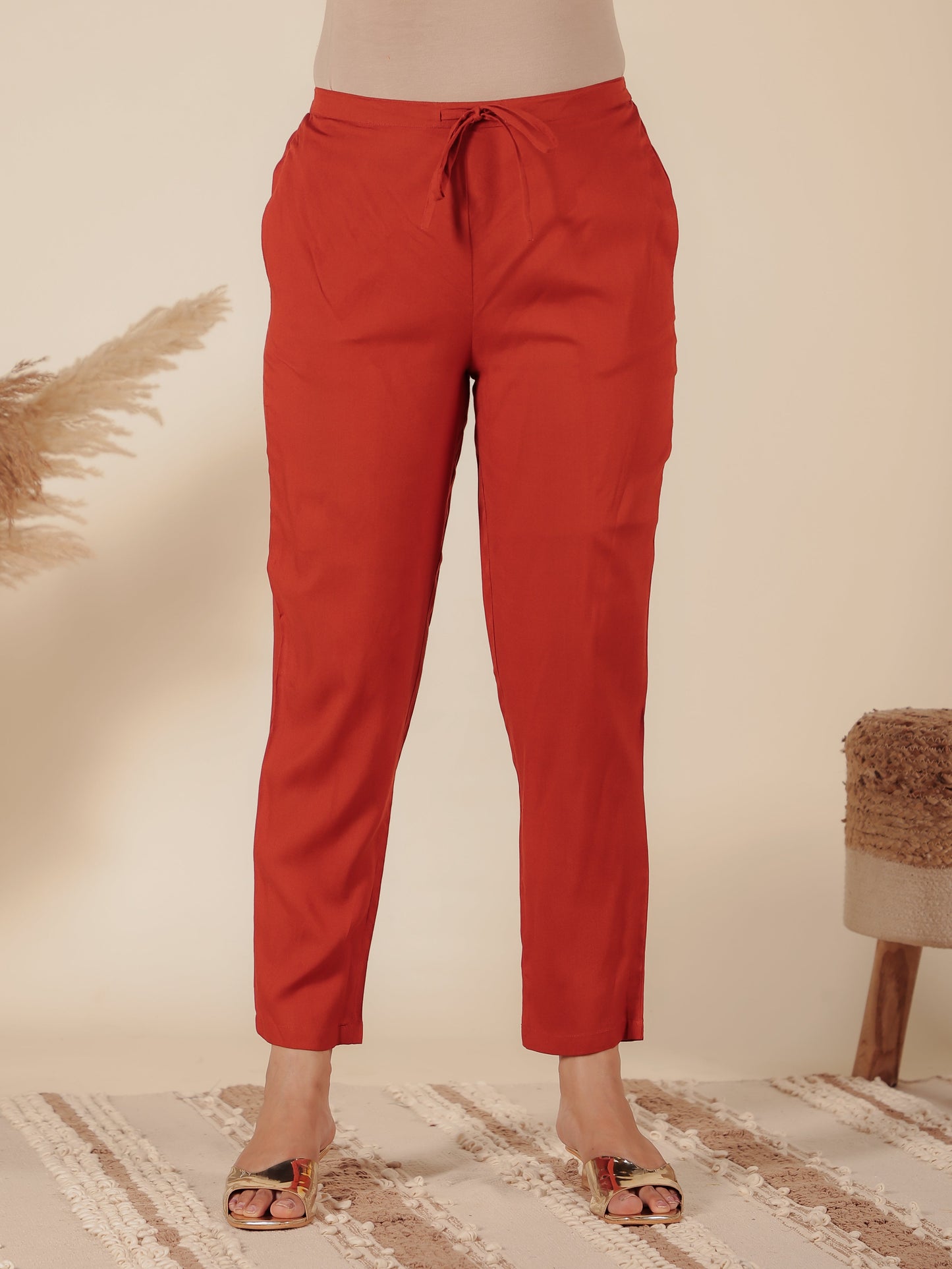 Viscose Solid Orange Tapered Trousers