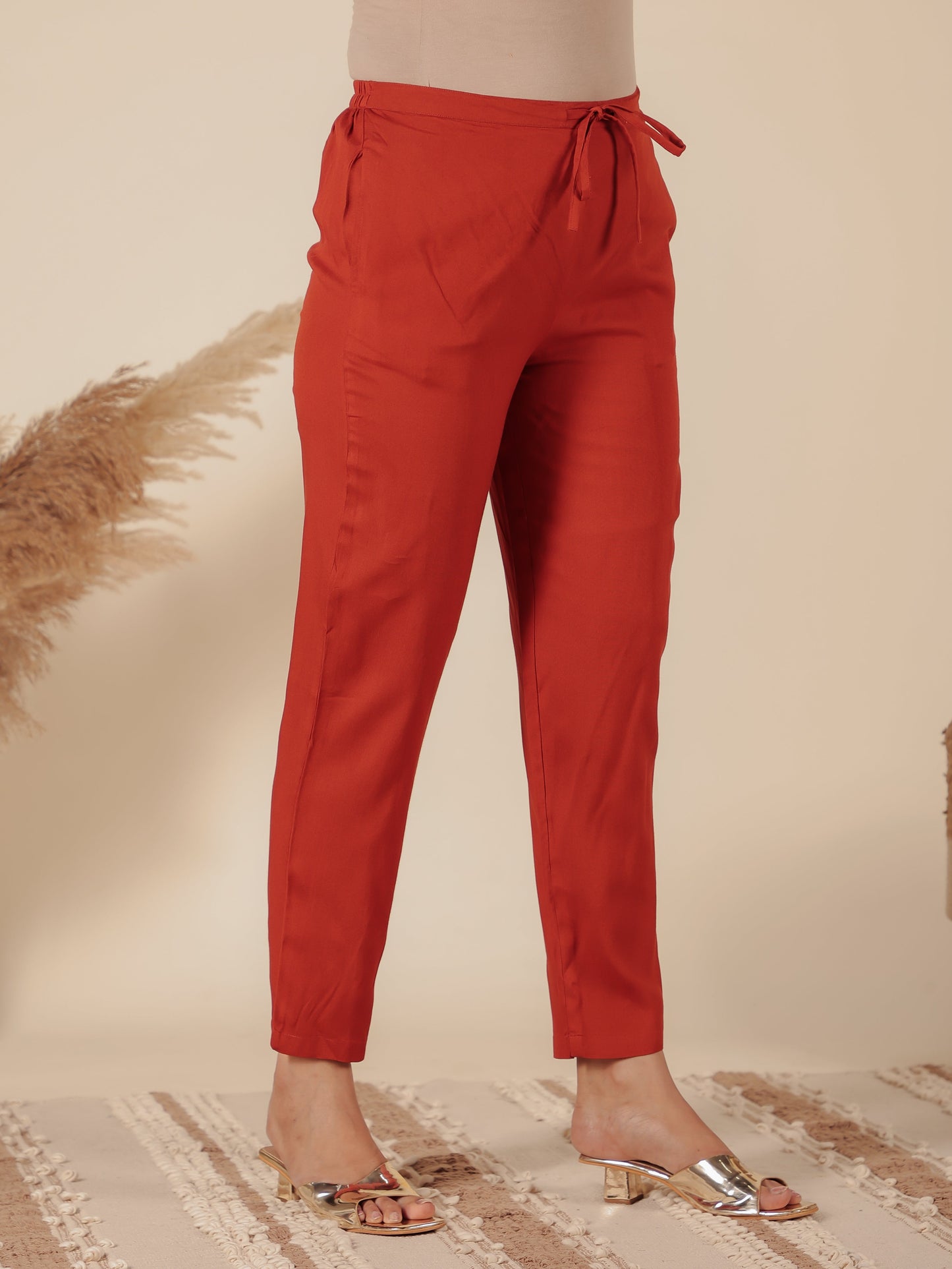 Viscose Solid Orange Tapered Trousers