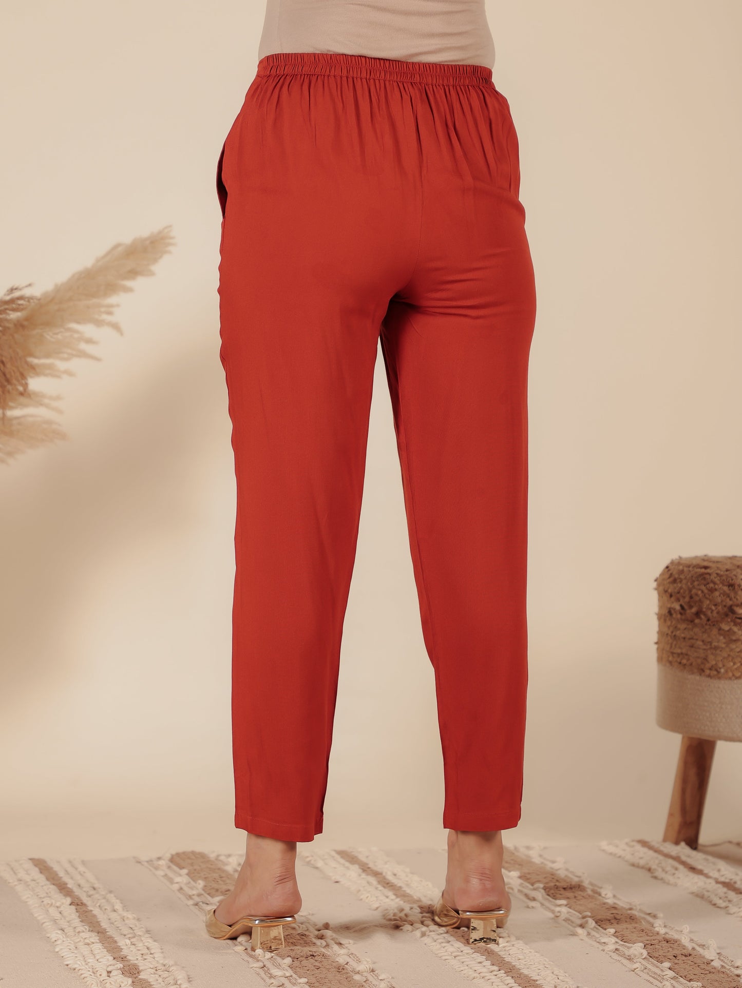 Viscose Solid Orange Tapered Trousers