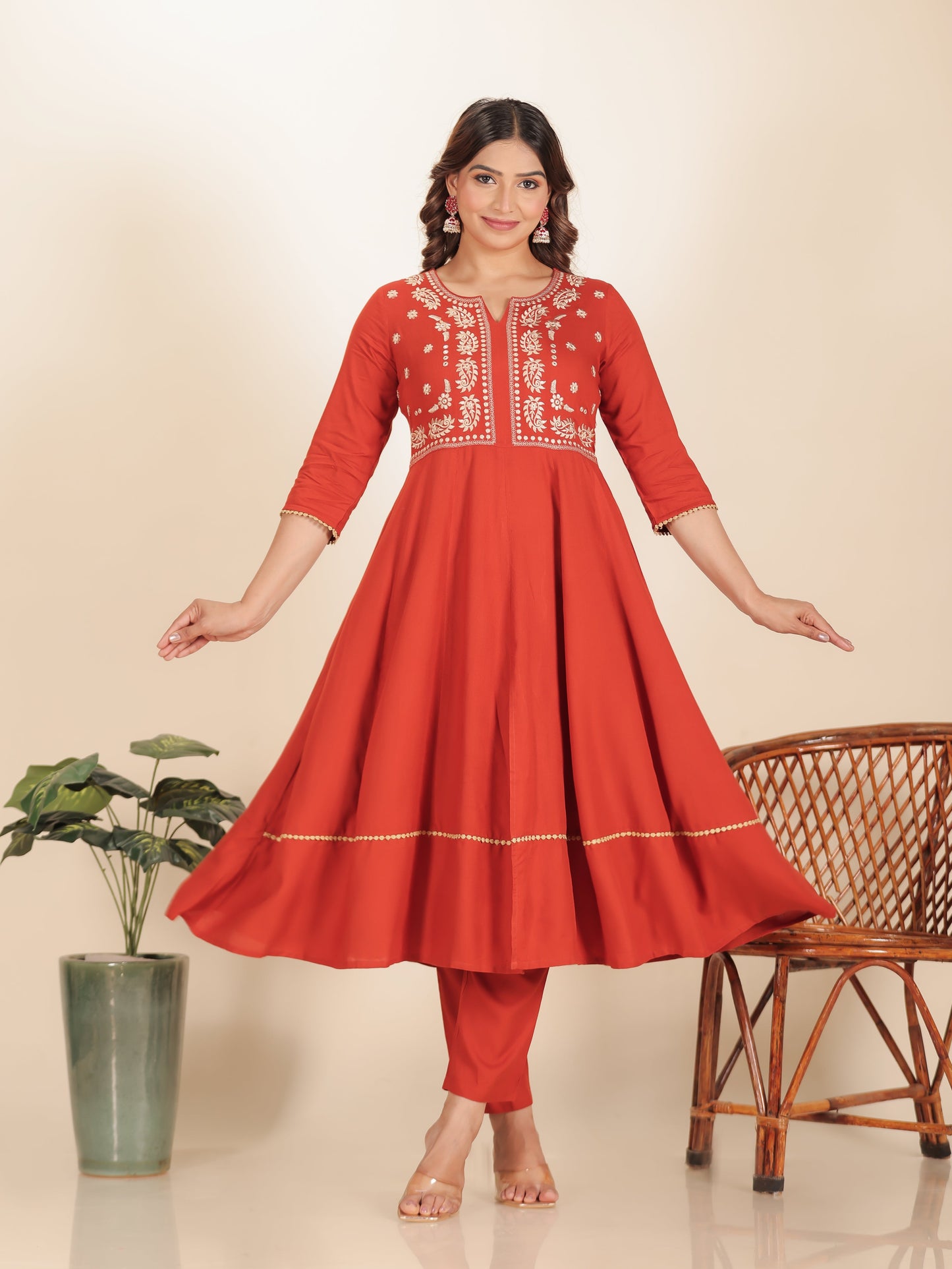 Viscose Solid Anarkali Orange Kurta