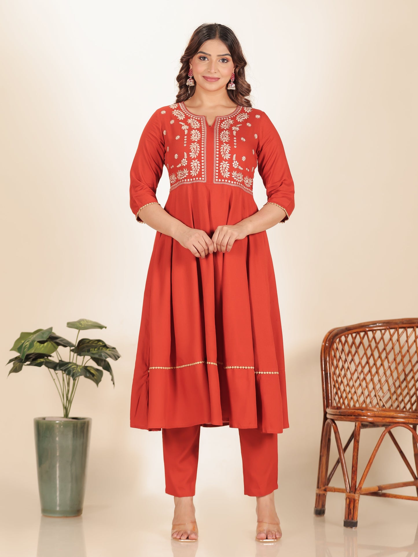 Viscose Solid Anarkali Orange Kurta