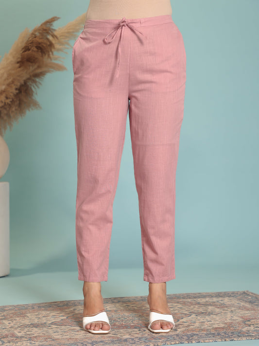 Natural Cotton Solid Pink Tapered Trousers
