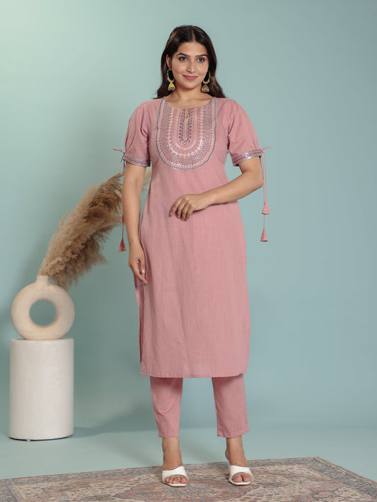 Natural Cotton Solid Straight Pink Kurta