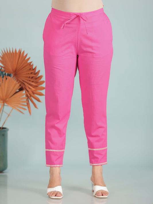 Soft Cotton Solid Pink Tapered Trousers