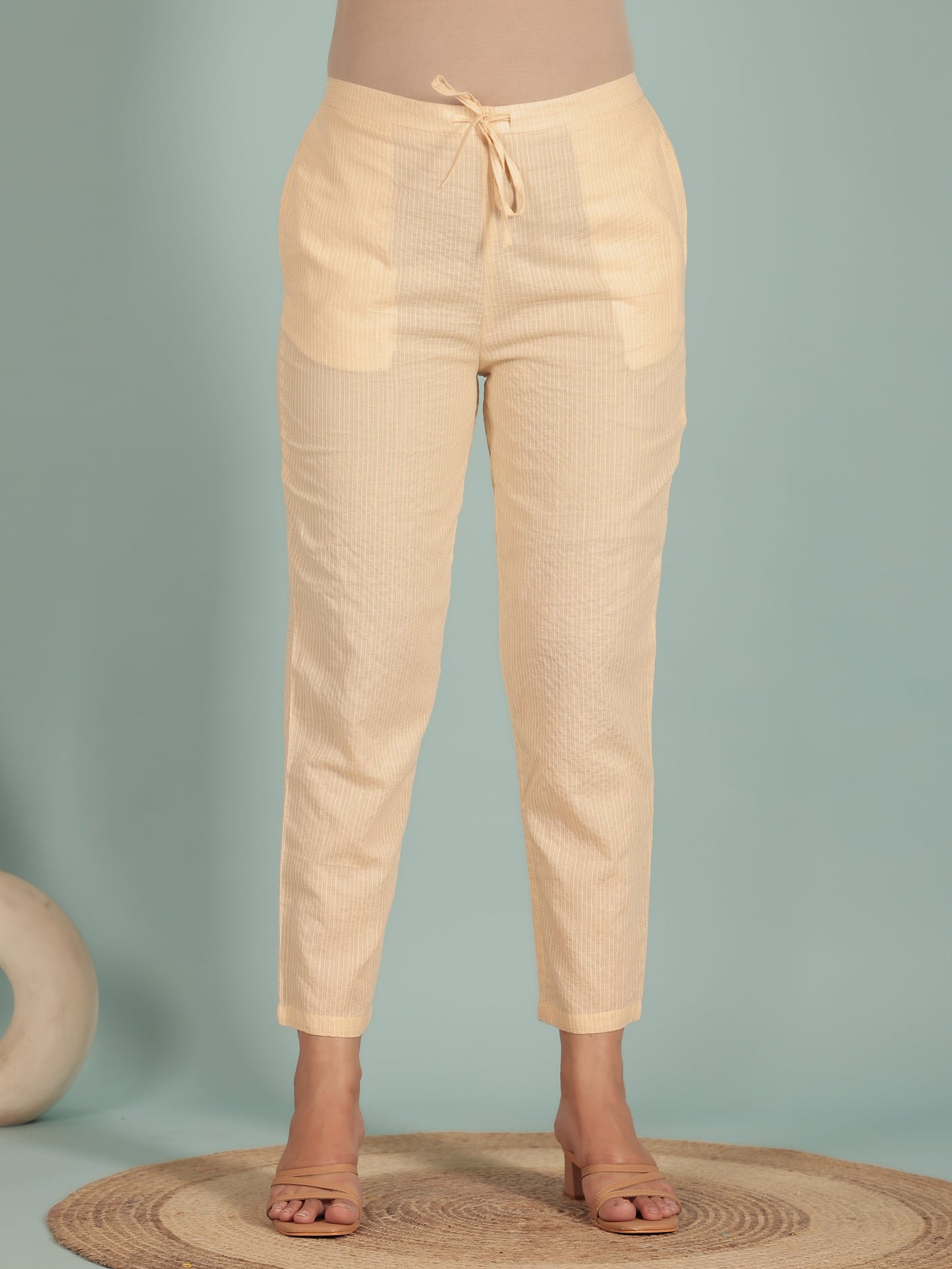 Kantha Cotton Solid Cream Tapered Trousers