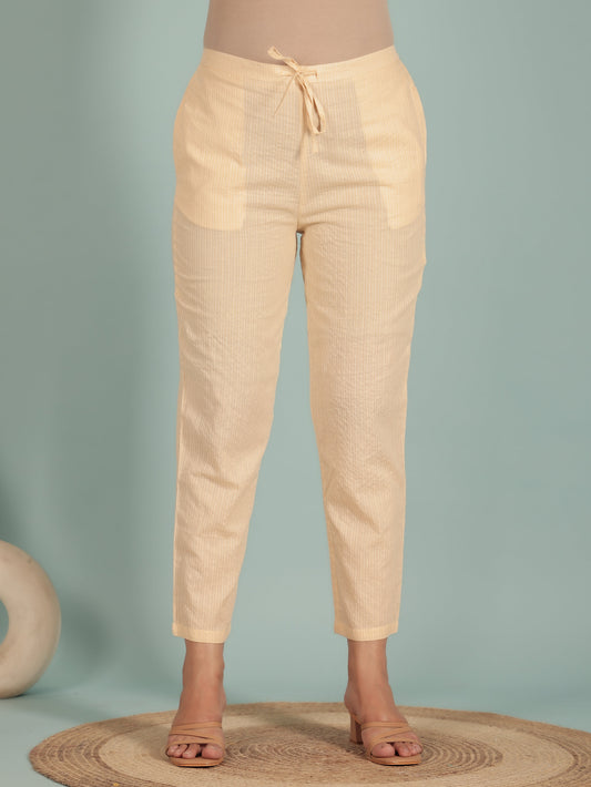 Kantha Cotton Solid Cream Tapered Trousers