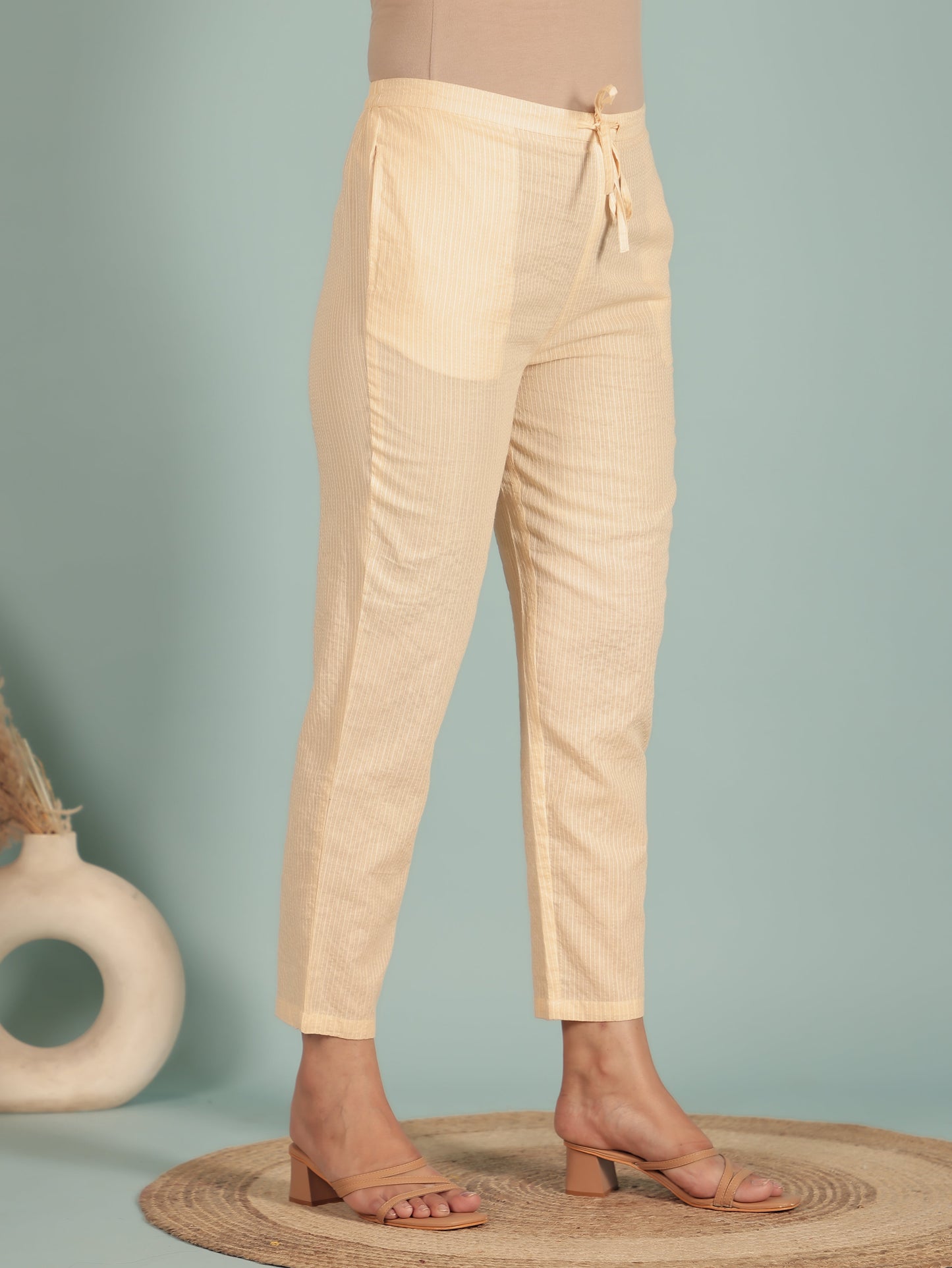Kantha Cotton Solid Cream Tapered Trousers