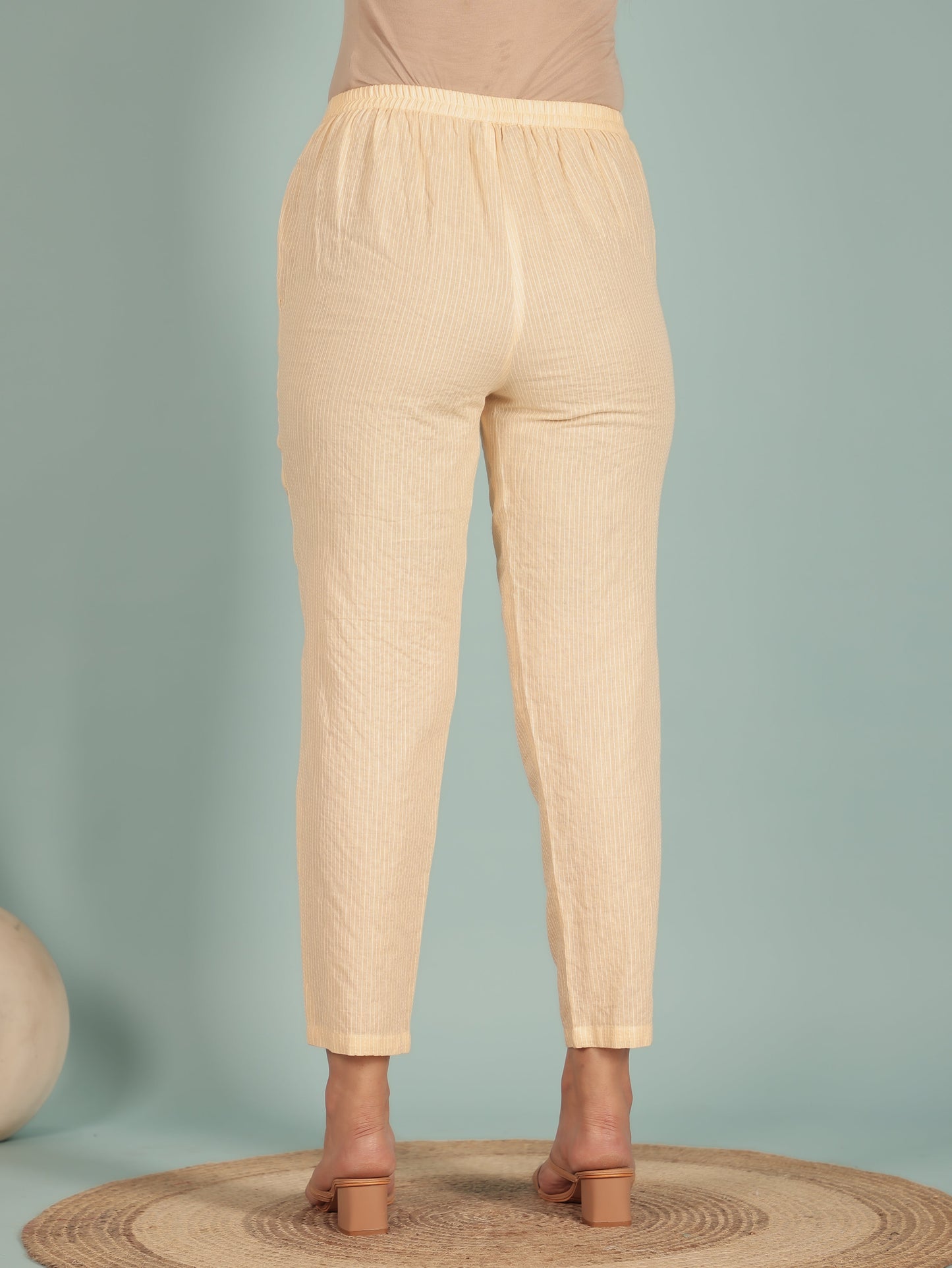 Kantha Cotton Solid Cream Tapered Trousers
