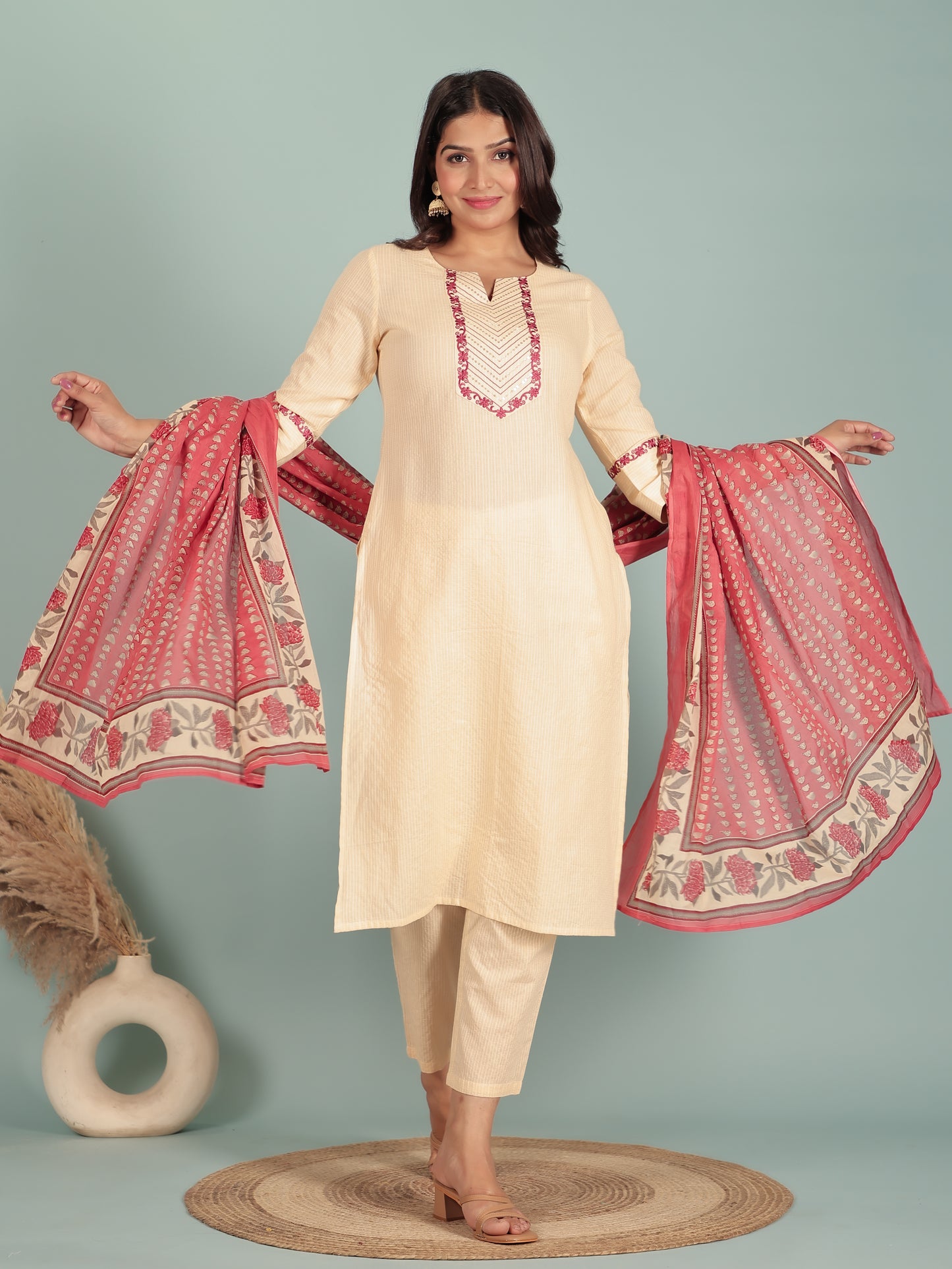 Kantha Cotton Solid Straight Cream Kurta