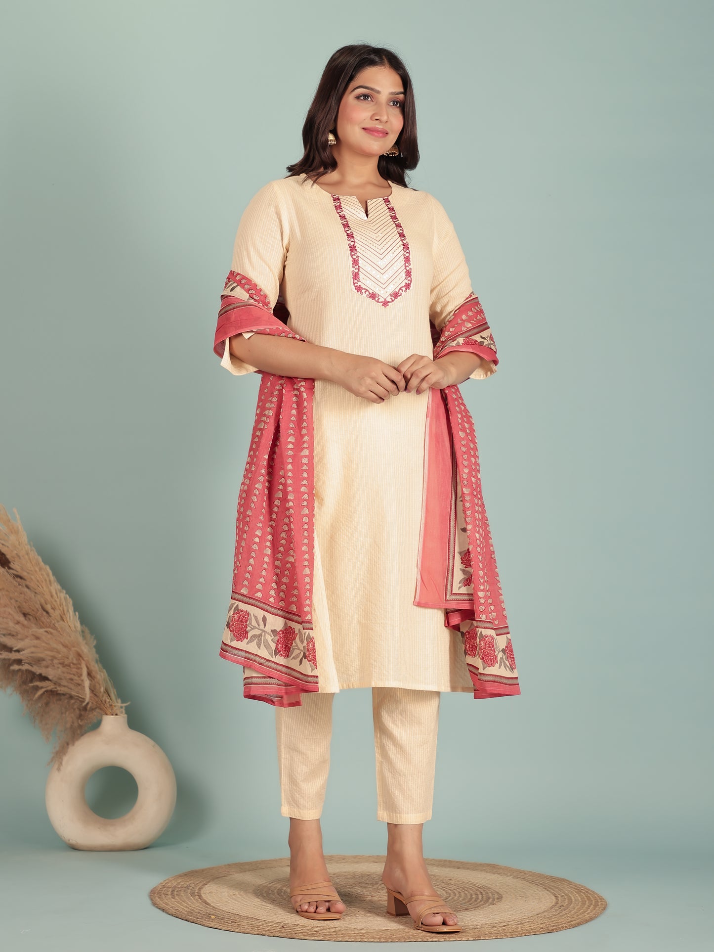 Kantha Cotton Solid Straight Cream Kurta