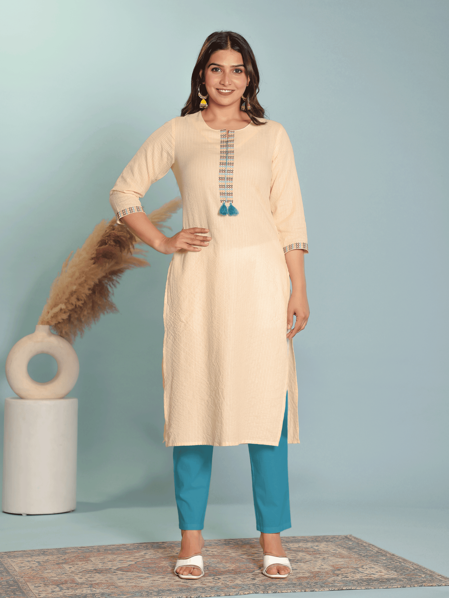 Soft Cotton Solid Straight Beige Kurta