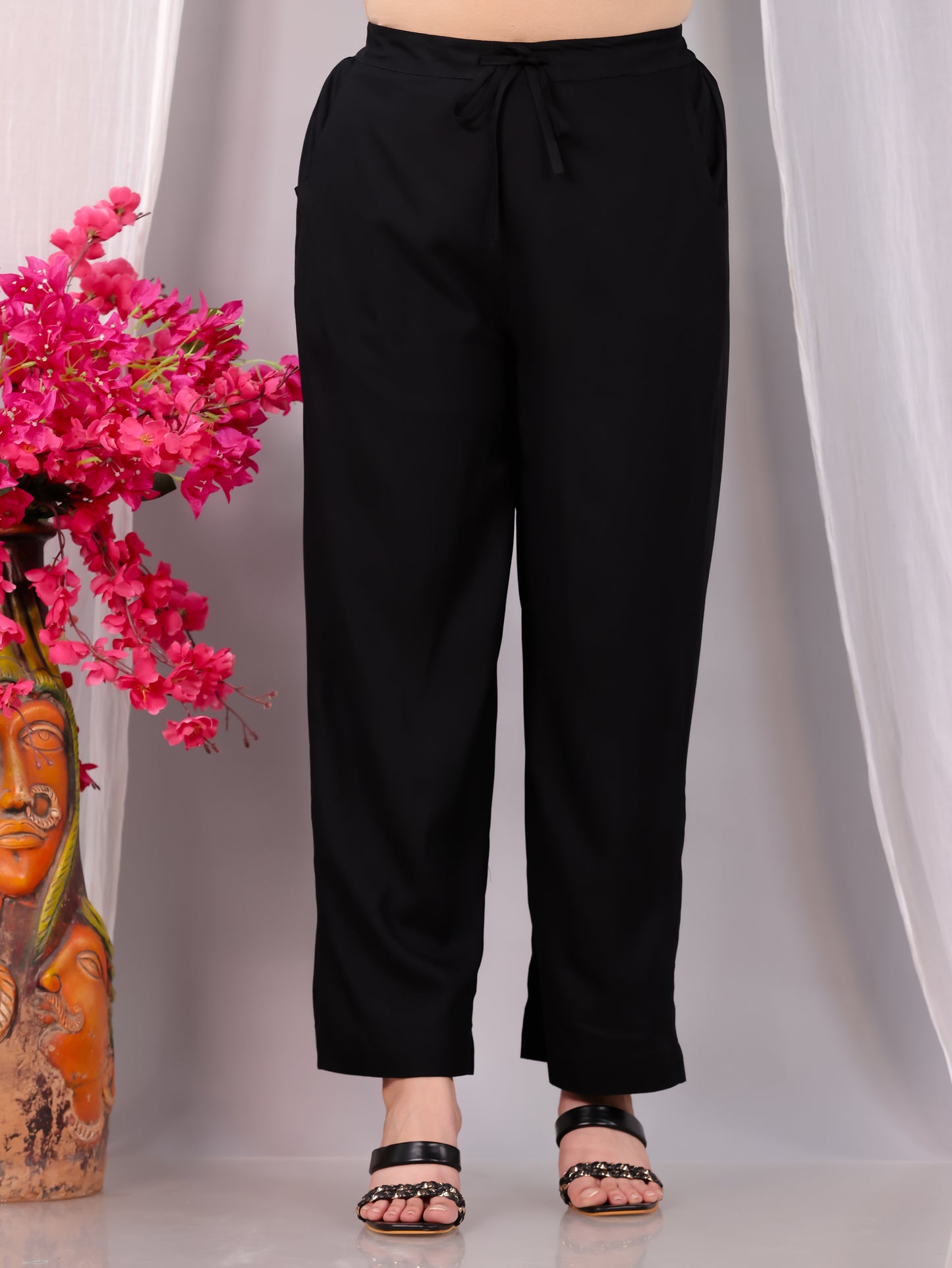 Viscose Solid Black Straight Trousers