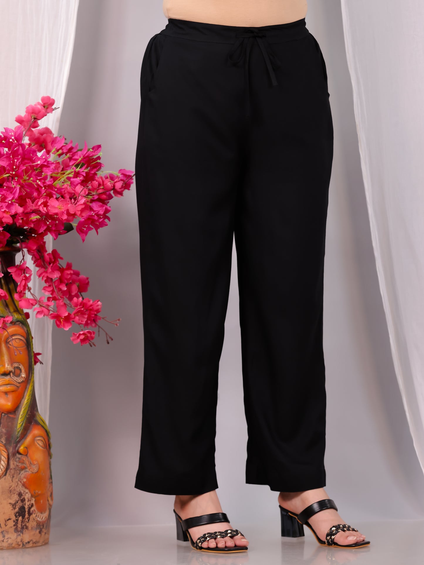 Viscose Solid Black Straight Trousers