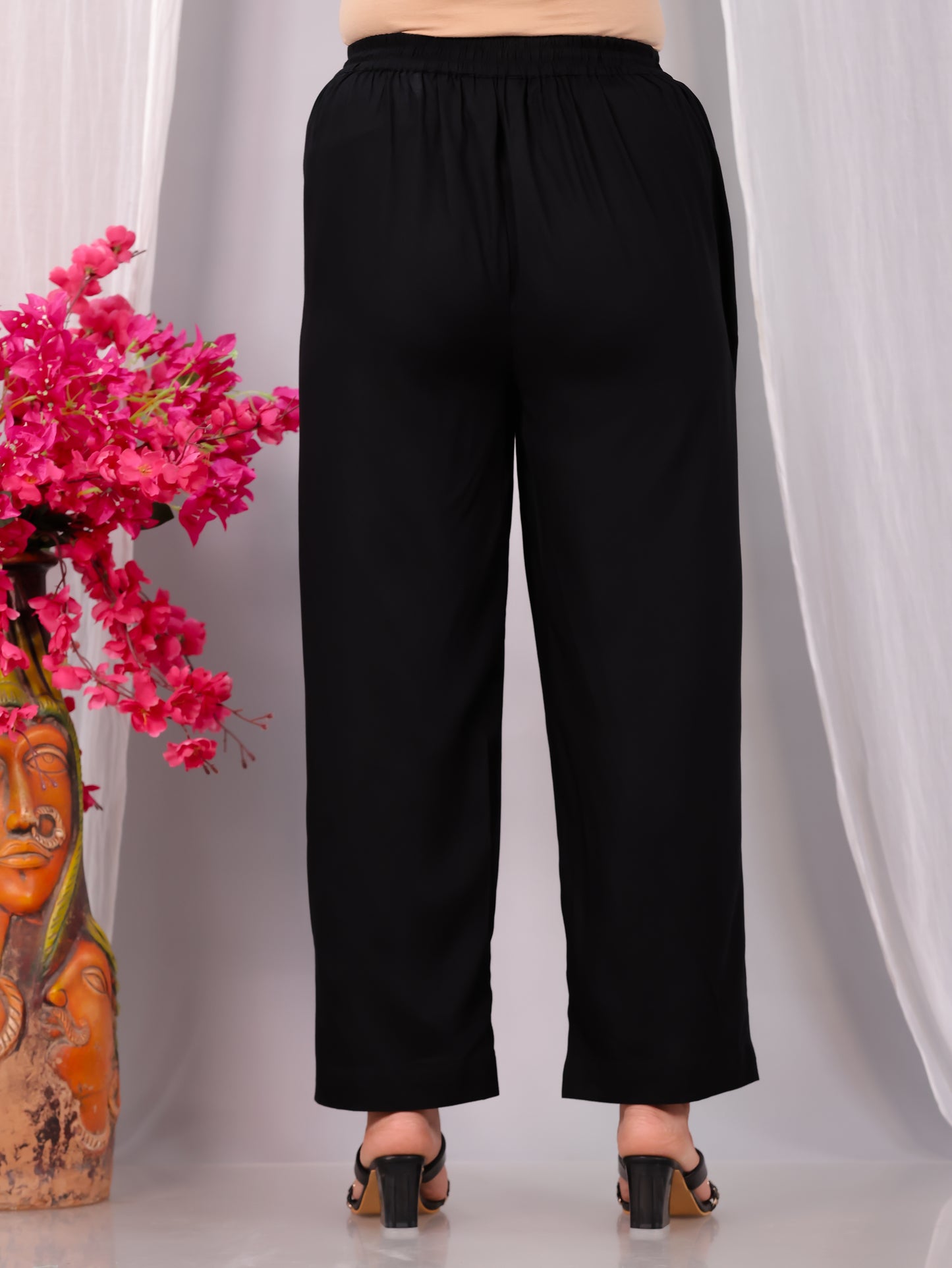 Viscose Solid Black Straight Trousers