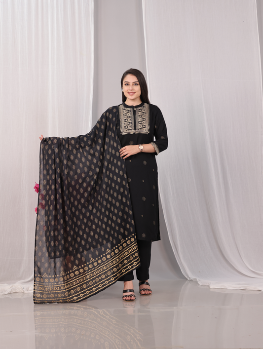 Cotton Voile Gold foil Black Dupatta