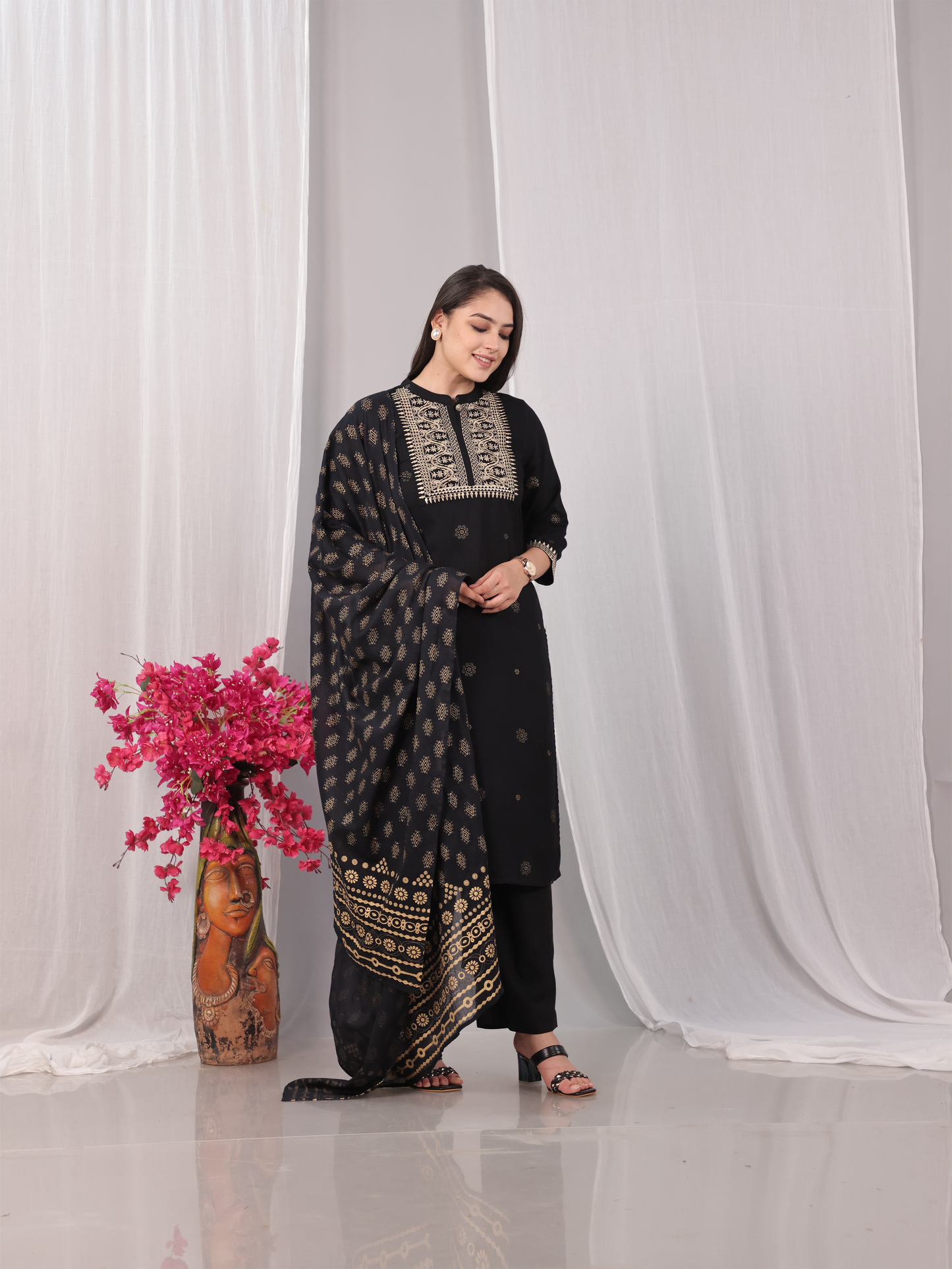 Cotton Voile Gold foil Black Dupatta