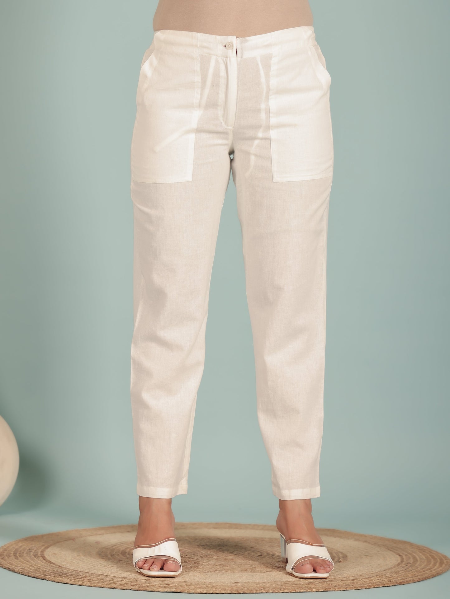 Linen Cotton Solid White Tapered Trousers