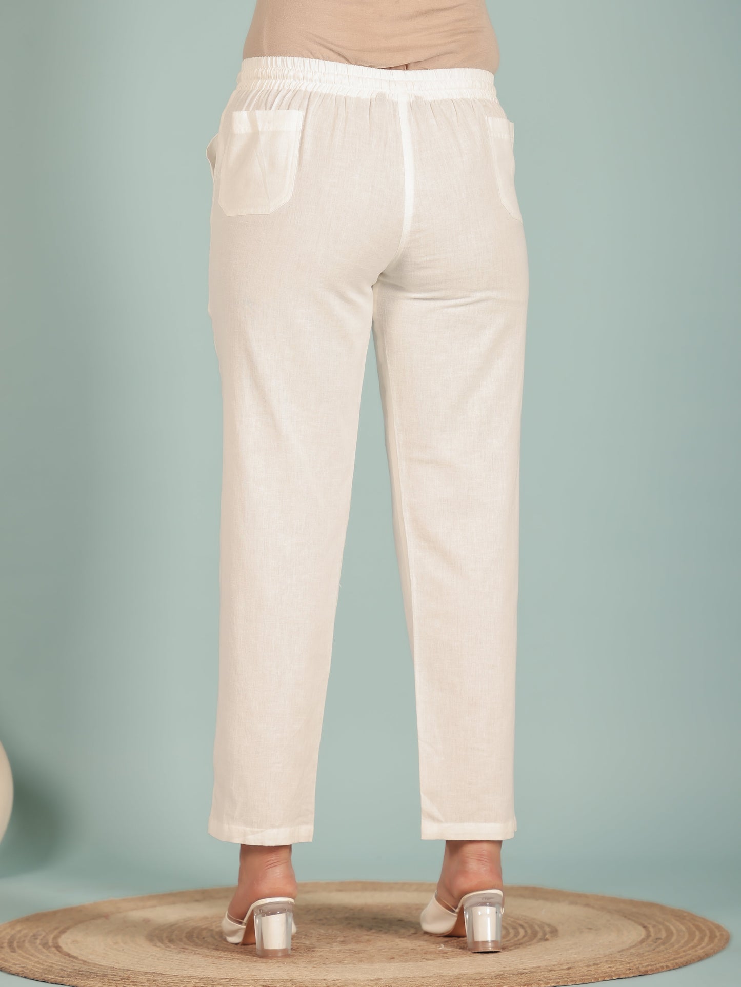 Linen Cotton Solid White Tapered Trousers