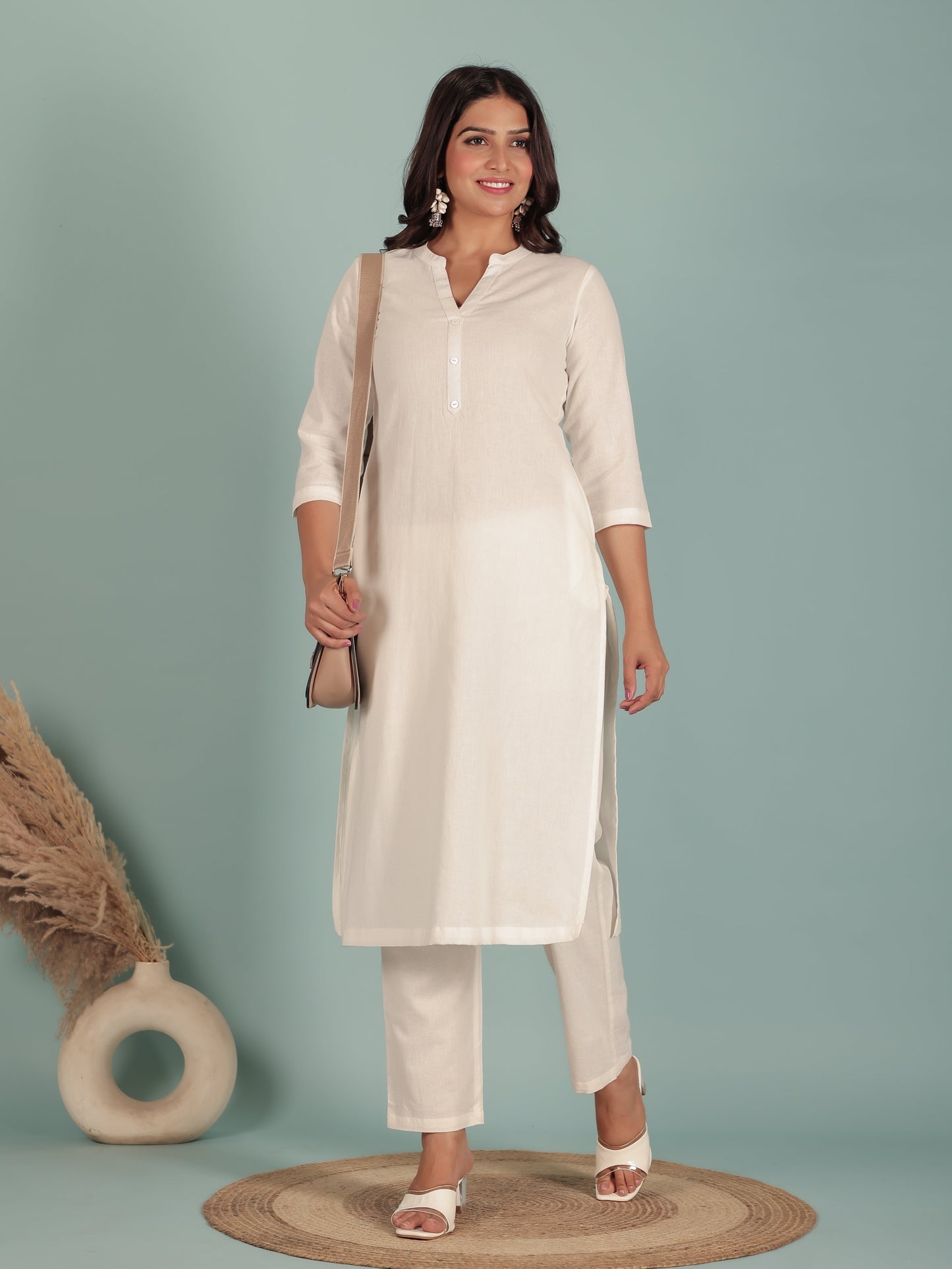 Linen Cotton Solid Straight White Kurta