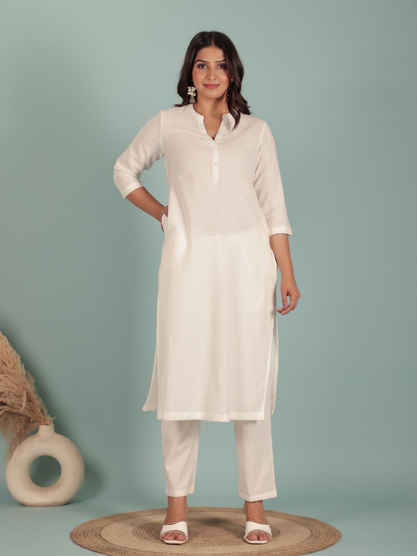 Linen Cotton Solid Straight White Kurta