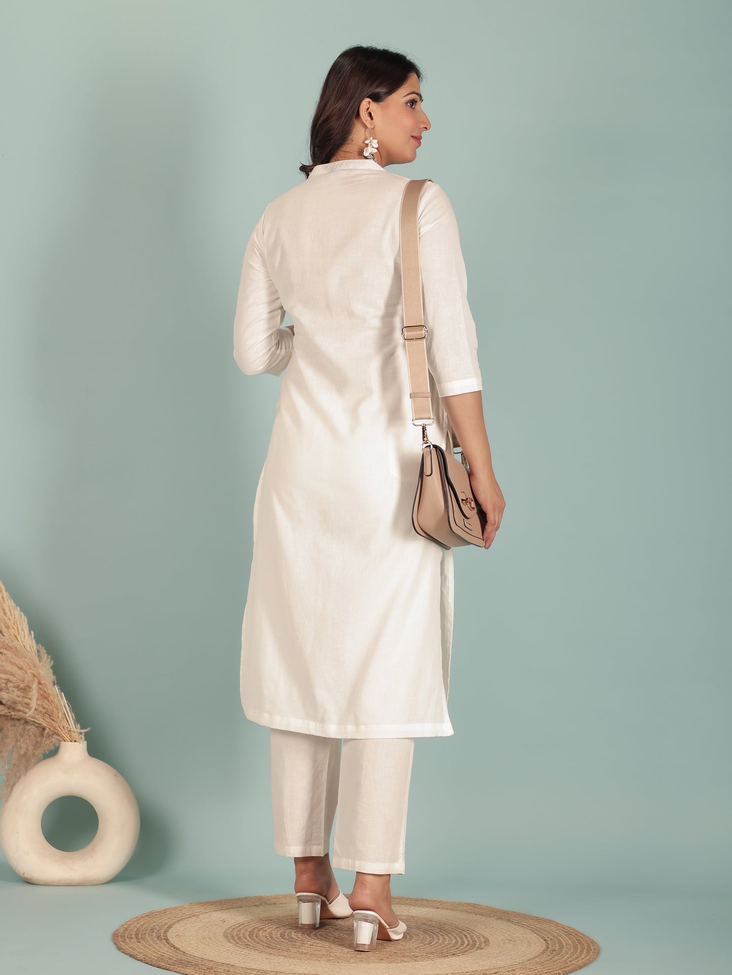 Linen Cotton Solid Straight White Kurta