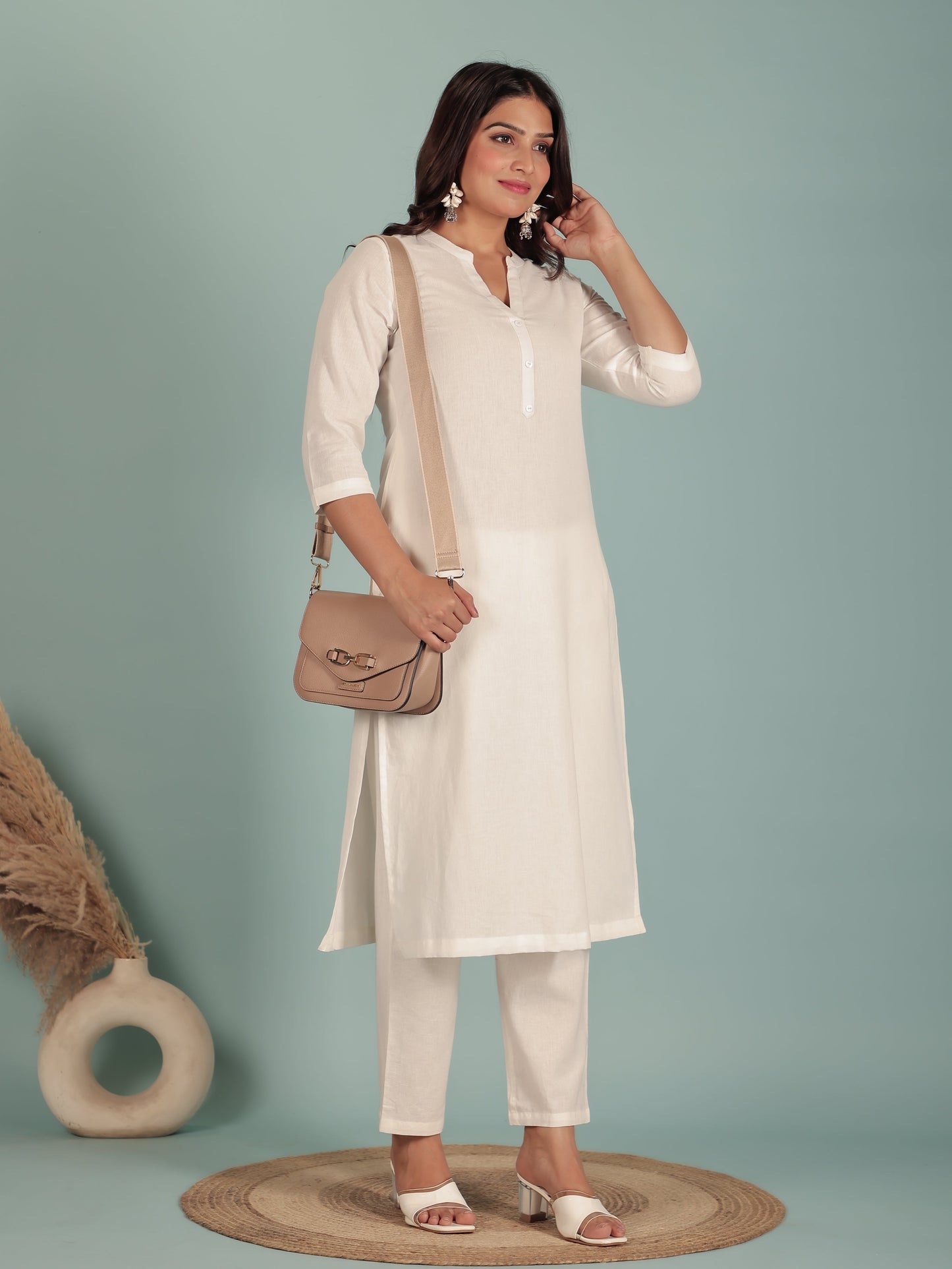 Linen Cotton Solid Straight White Kurta