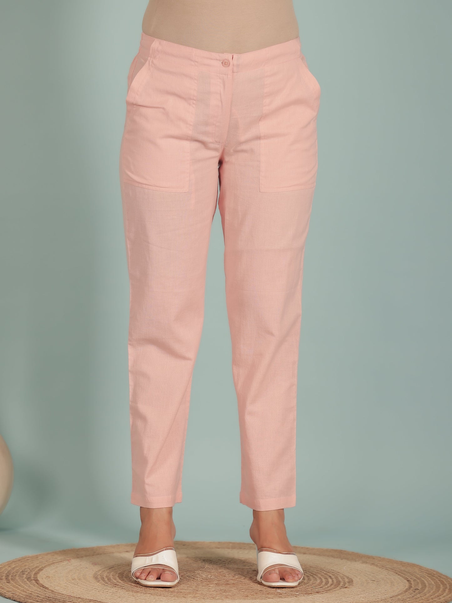 Linen Cotton Solid Pink Tapered Trousers