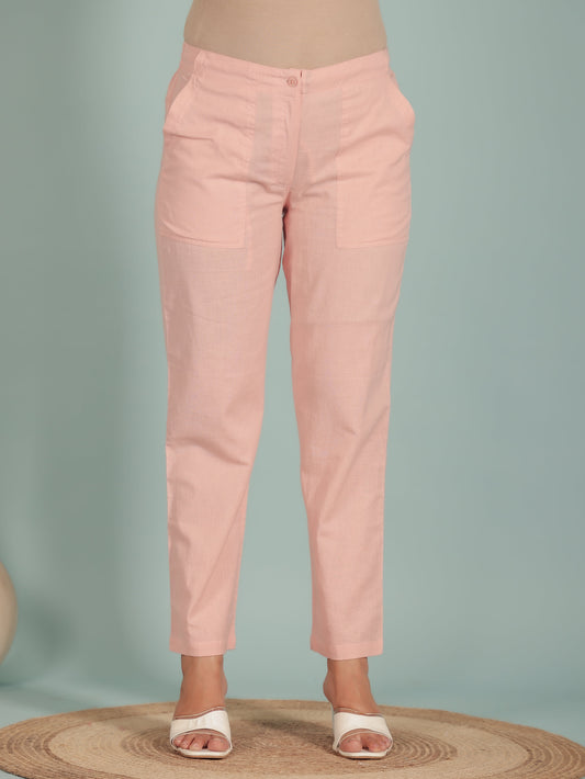 Linen Cotton Solid Pink Tapered Trousers