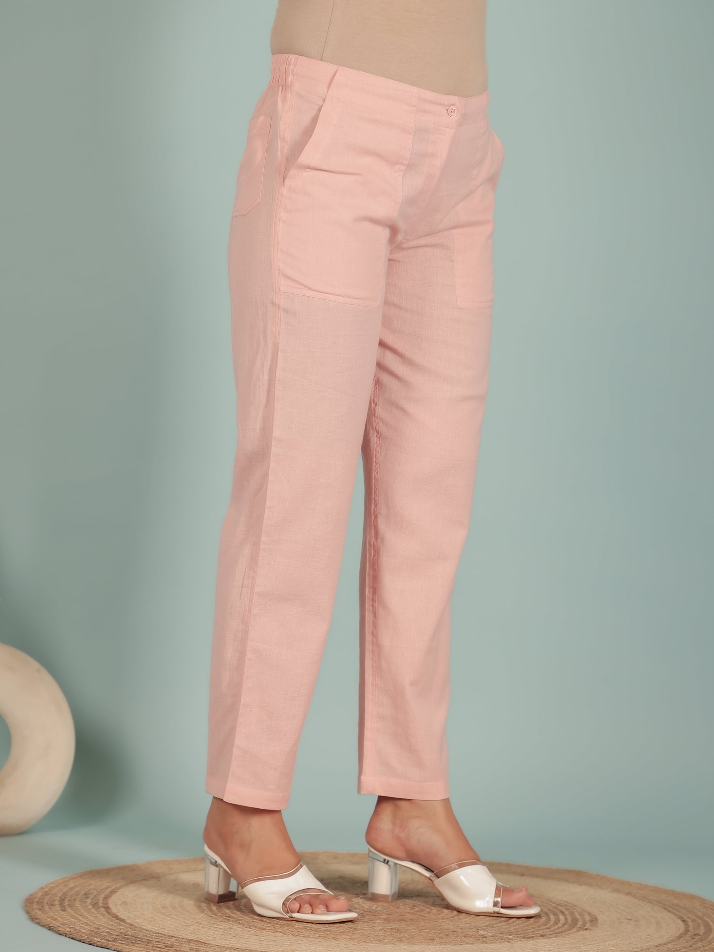 Linen Cotton Solid Pink Tapered Trousers