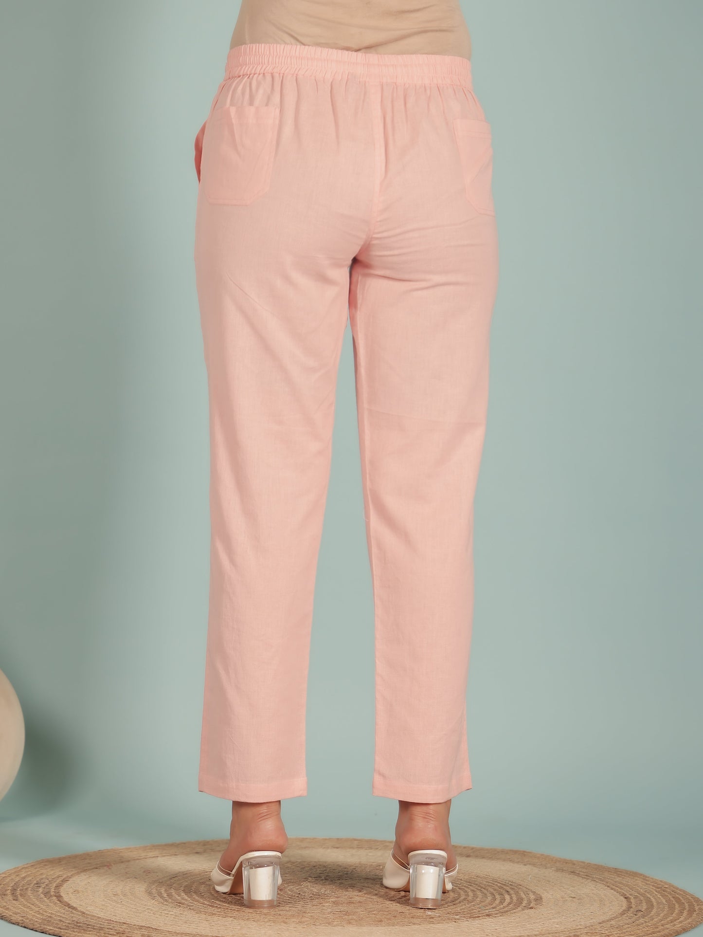 Linen Cotton Solid Pink Tapered Trousers
